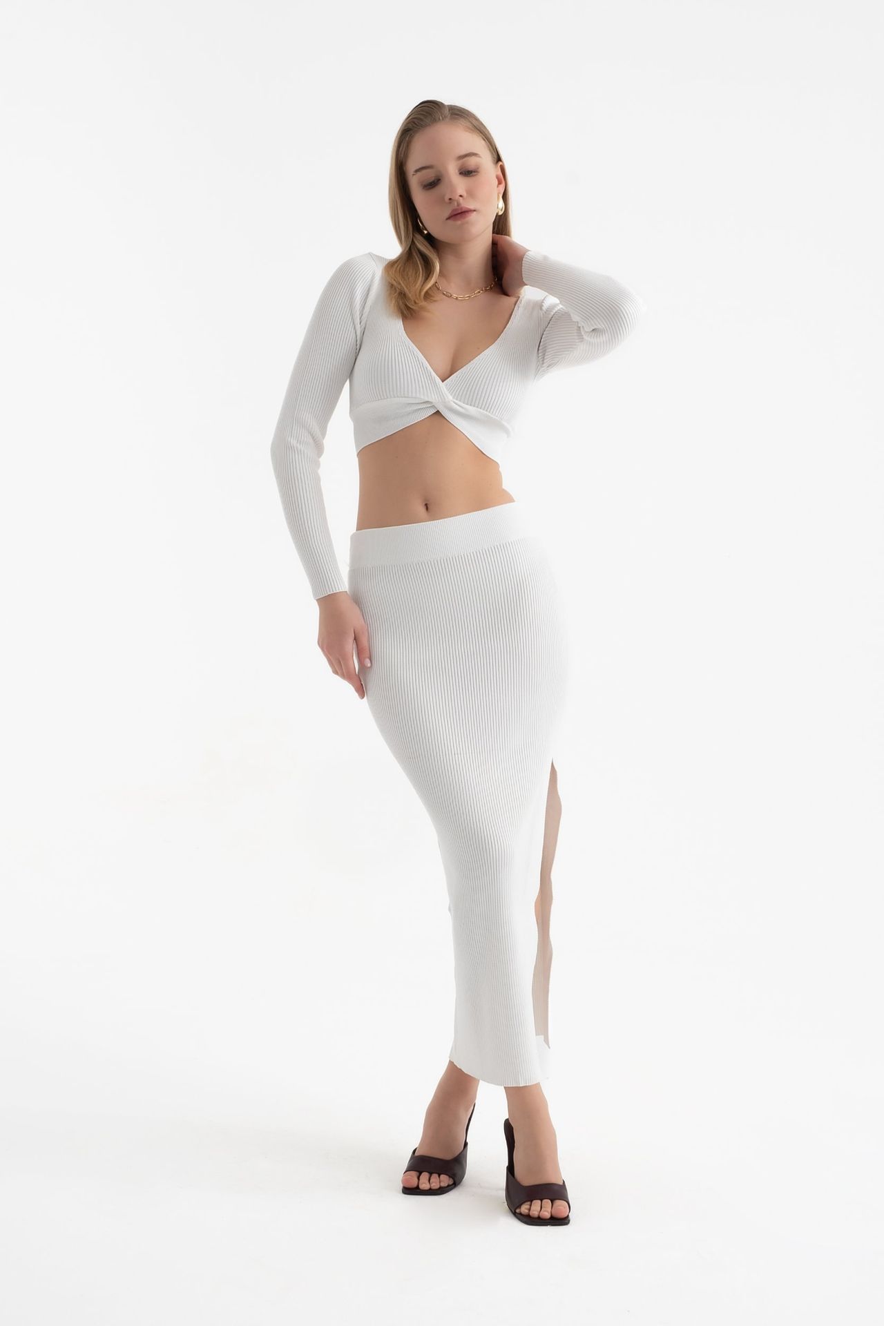 2 Pieces: V Neck Long Sleeve Crop Top & High Waist Slit Maxi Skirt
