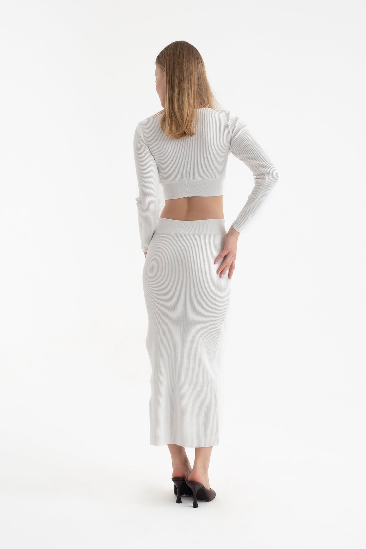 2 Pieces: V Neck Long Sleeve Crop Top & High Waist Slit Maxi Skirt