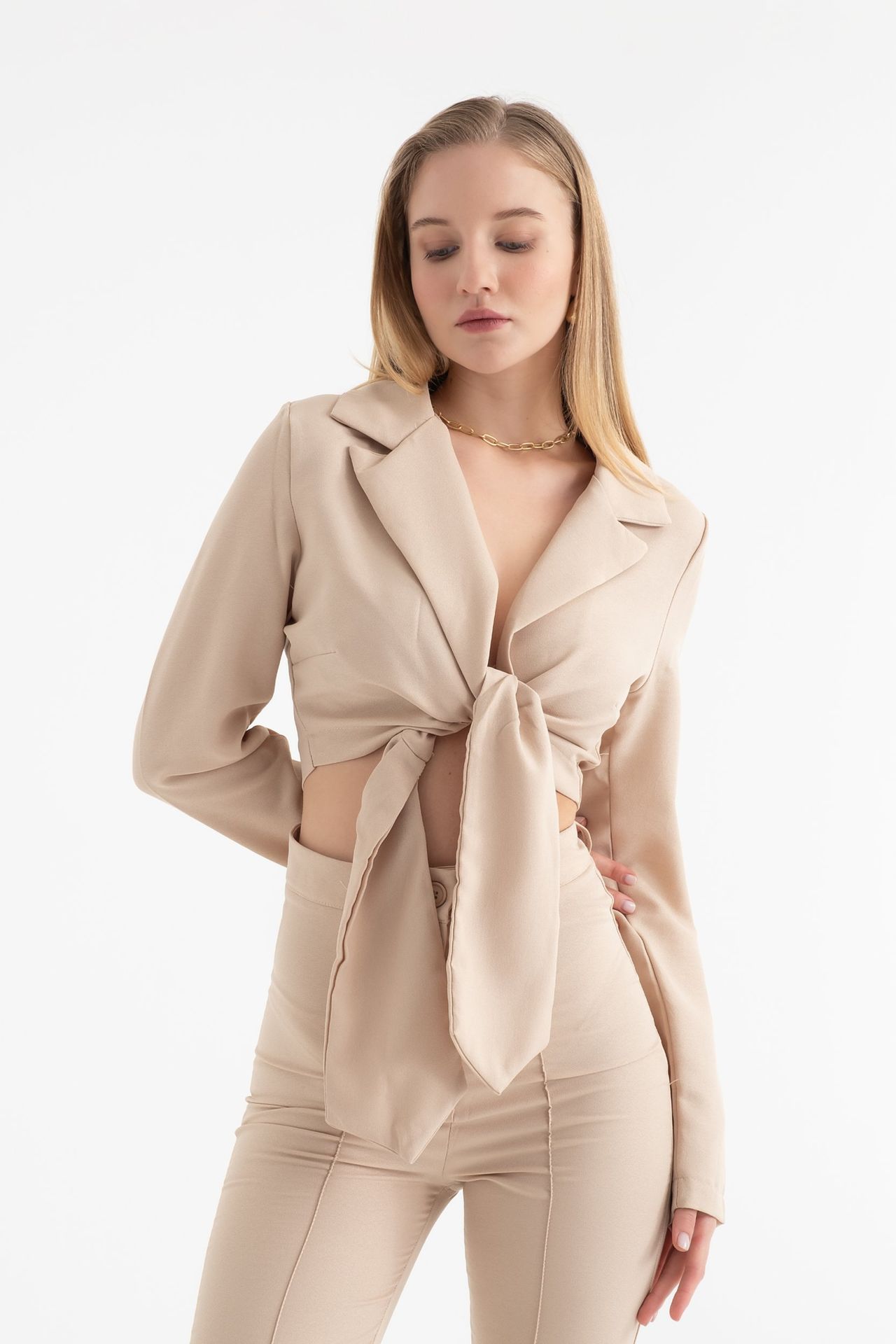 2 Pieces: Cropped Shirt with a Tie Up Detail & High Waist Straight Leg Trousers