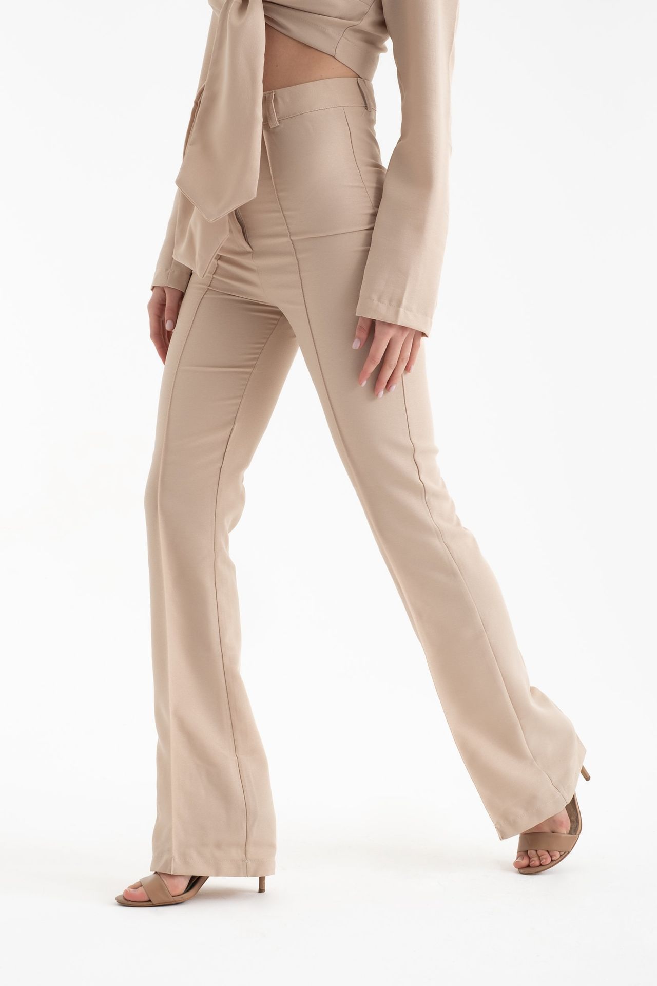 2 Pieces: Cropped Shirt with a Tie Up Detail & High Waist Straight Leg Trousers