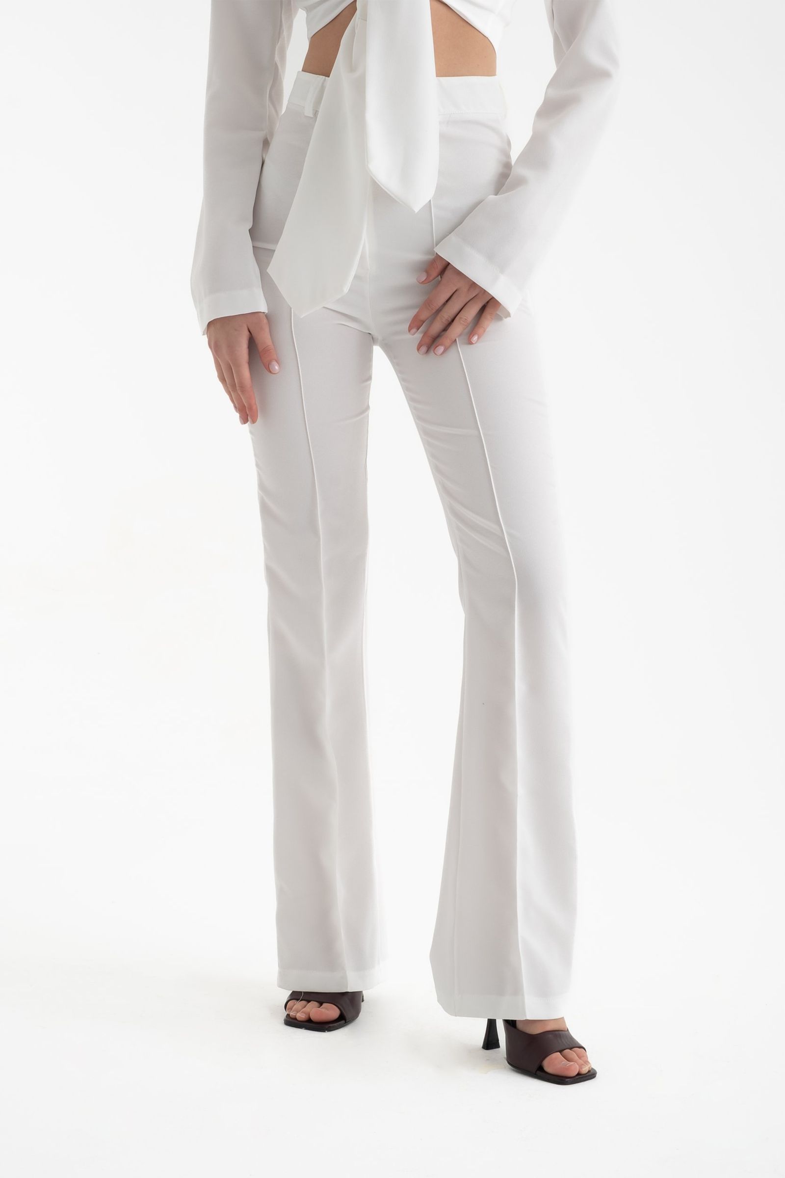 2 Pieces: Cropped Shirt with a Tie Up Detail & High Waist Straight Leg Trousers