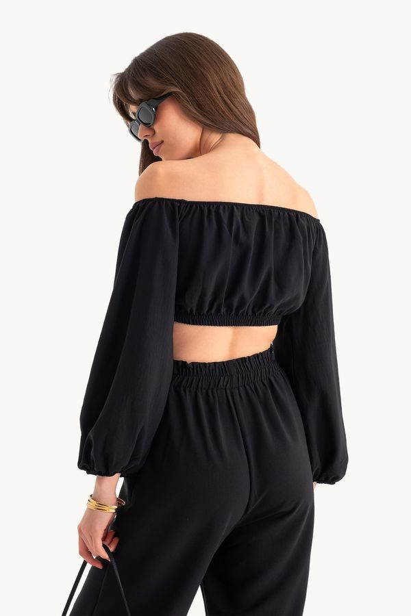 Off Shoulder Balloon Sleeve Crop Top & Straight Trousers Coord 4