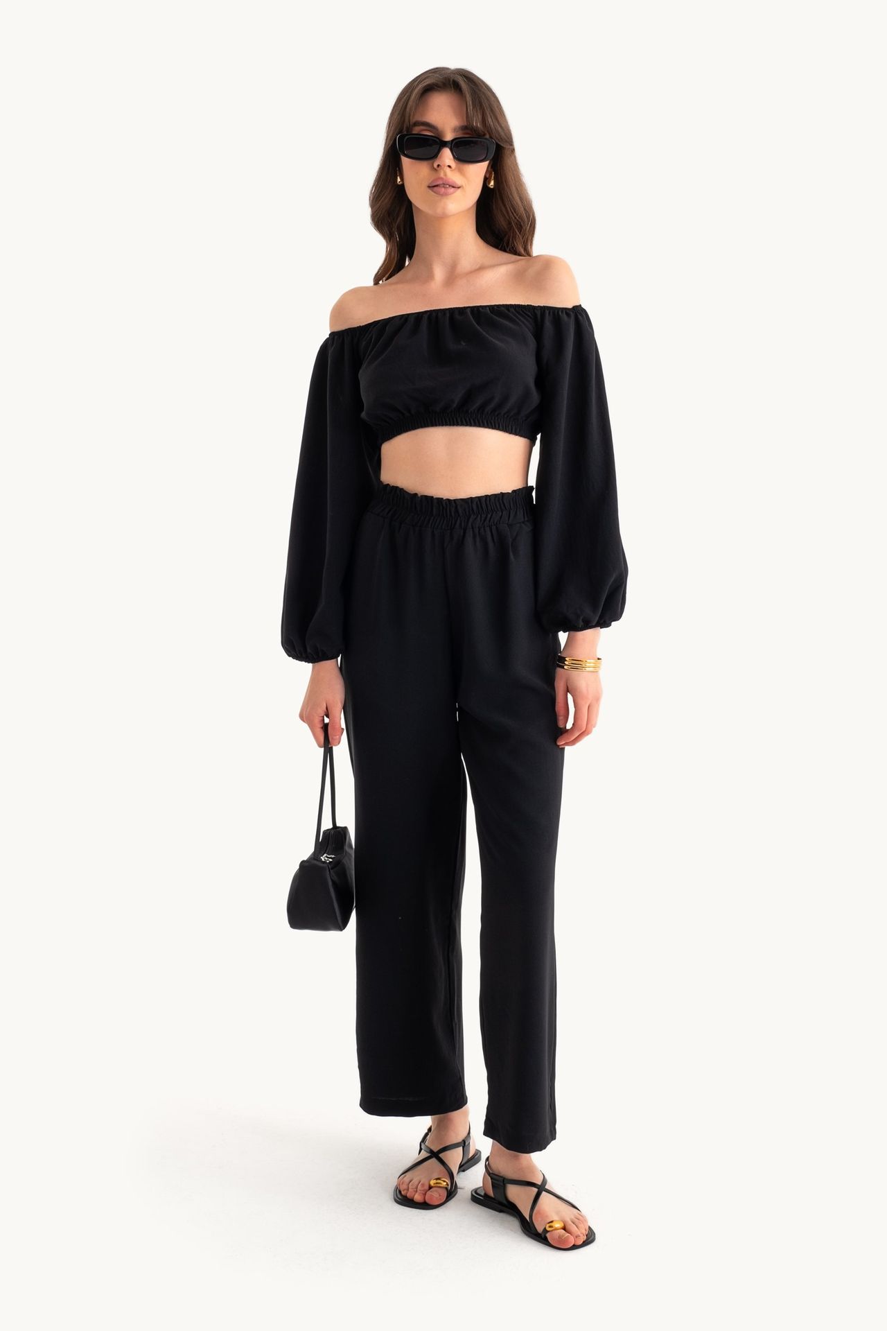 2 Pieces: Off Shoulder Balloon Sleeve Crop Top & Mid Rise Elastic Waist Straight Leg Trousers