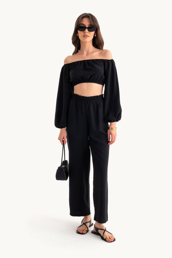 Off Shoulder Balloon Sleeve Crop Top & Straight Trousers Coord 1