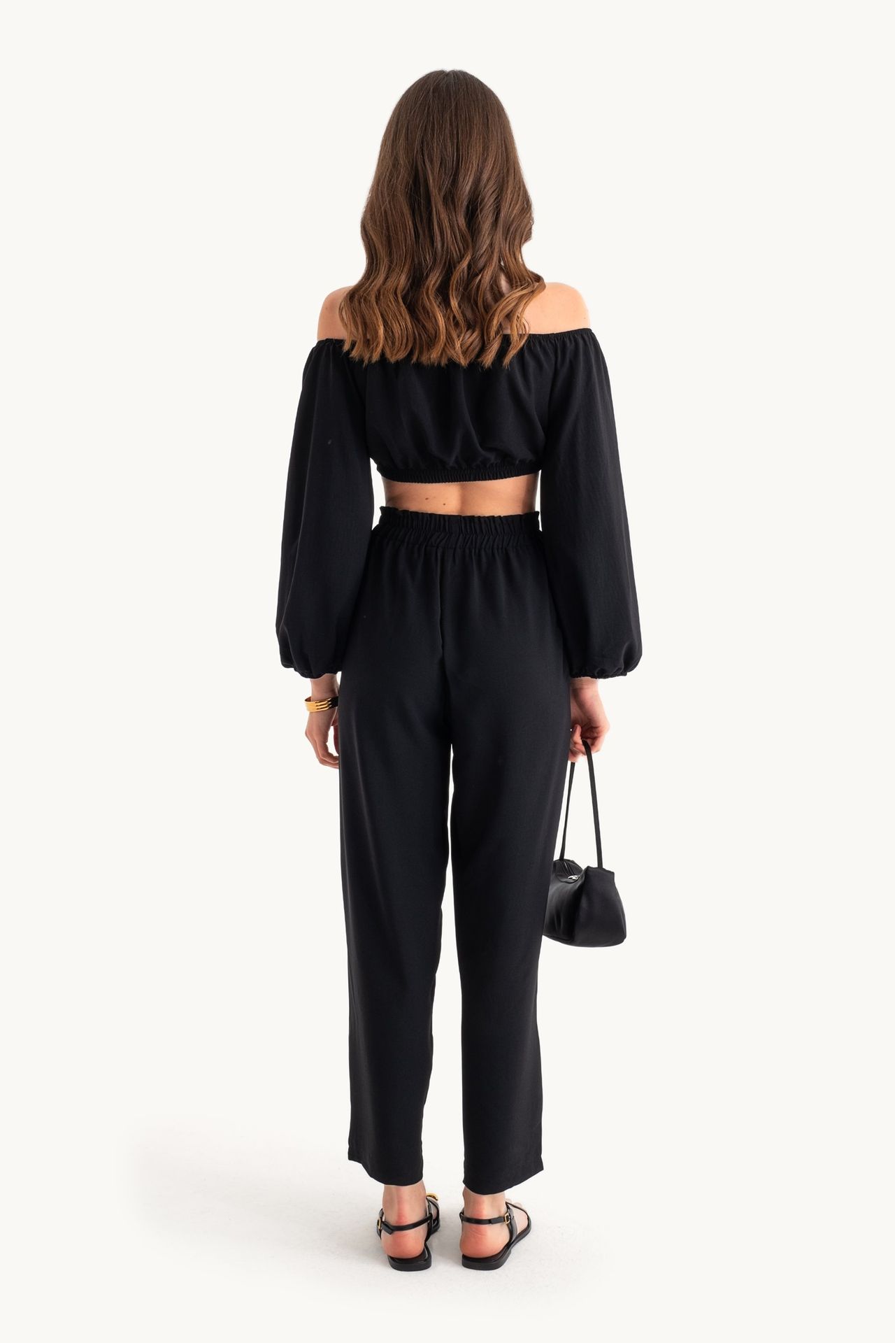 2 Pieces: Off Shoulder Balloon Sleeve Crop Top & Mid Rise Elastic Waist Straight Leg Trousers