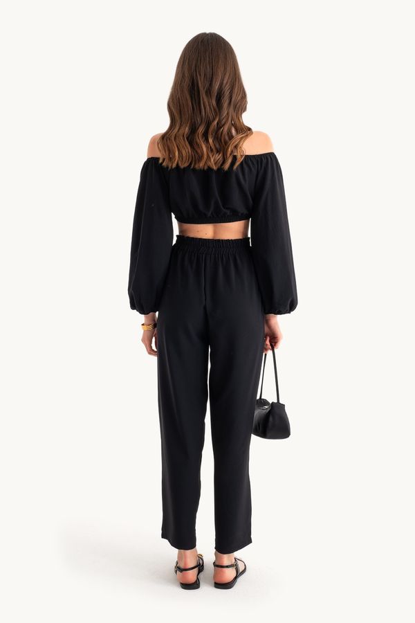 Off Shoulder Balloon Sleeve Crop Top & Straight Trousers Coord 2