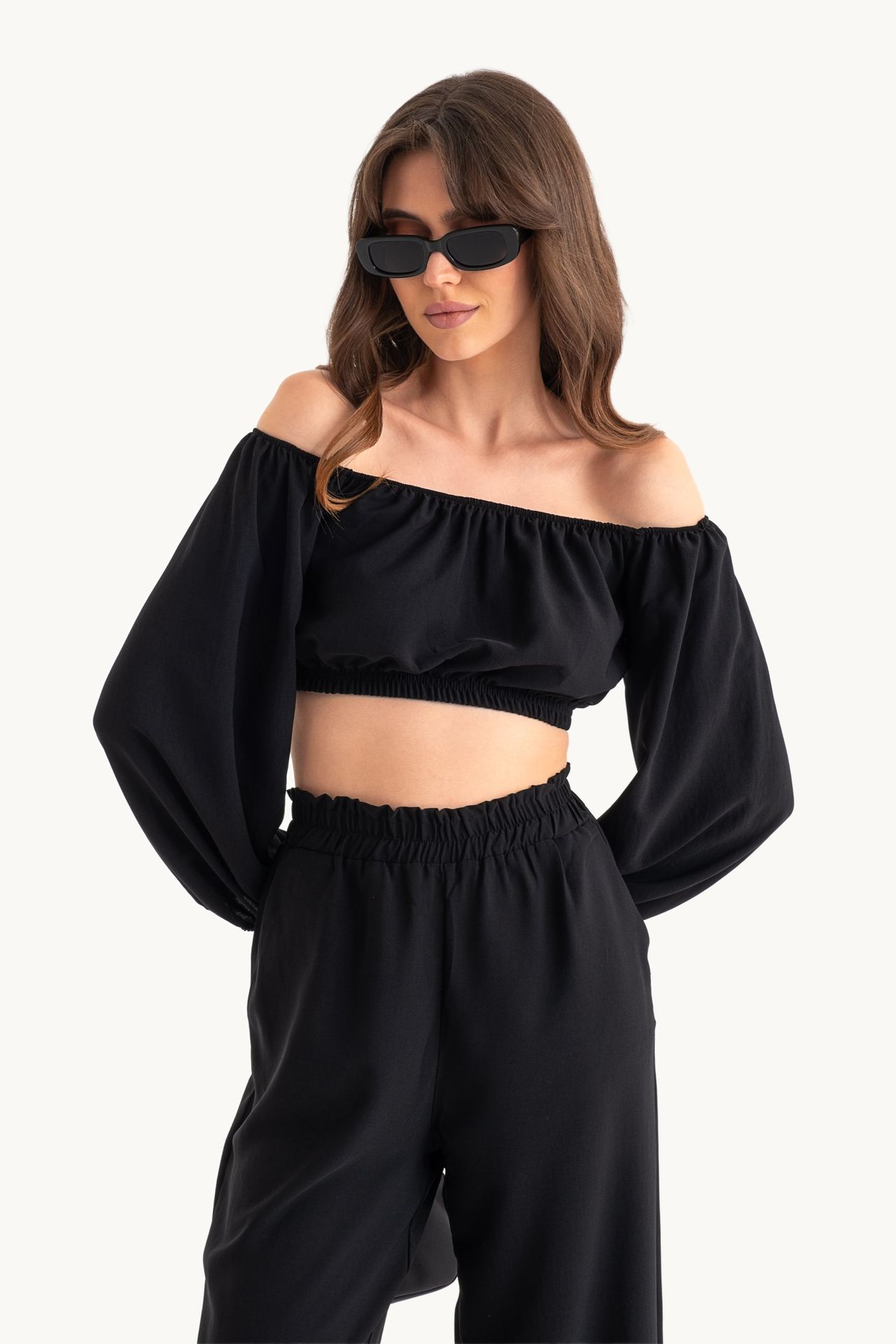 2 Pieces: Off Shoulder Balloon Sleeve Crop Top & Mid Rise Elastic Waist Straight Leg Trousers