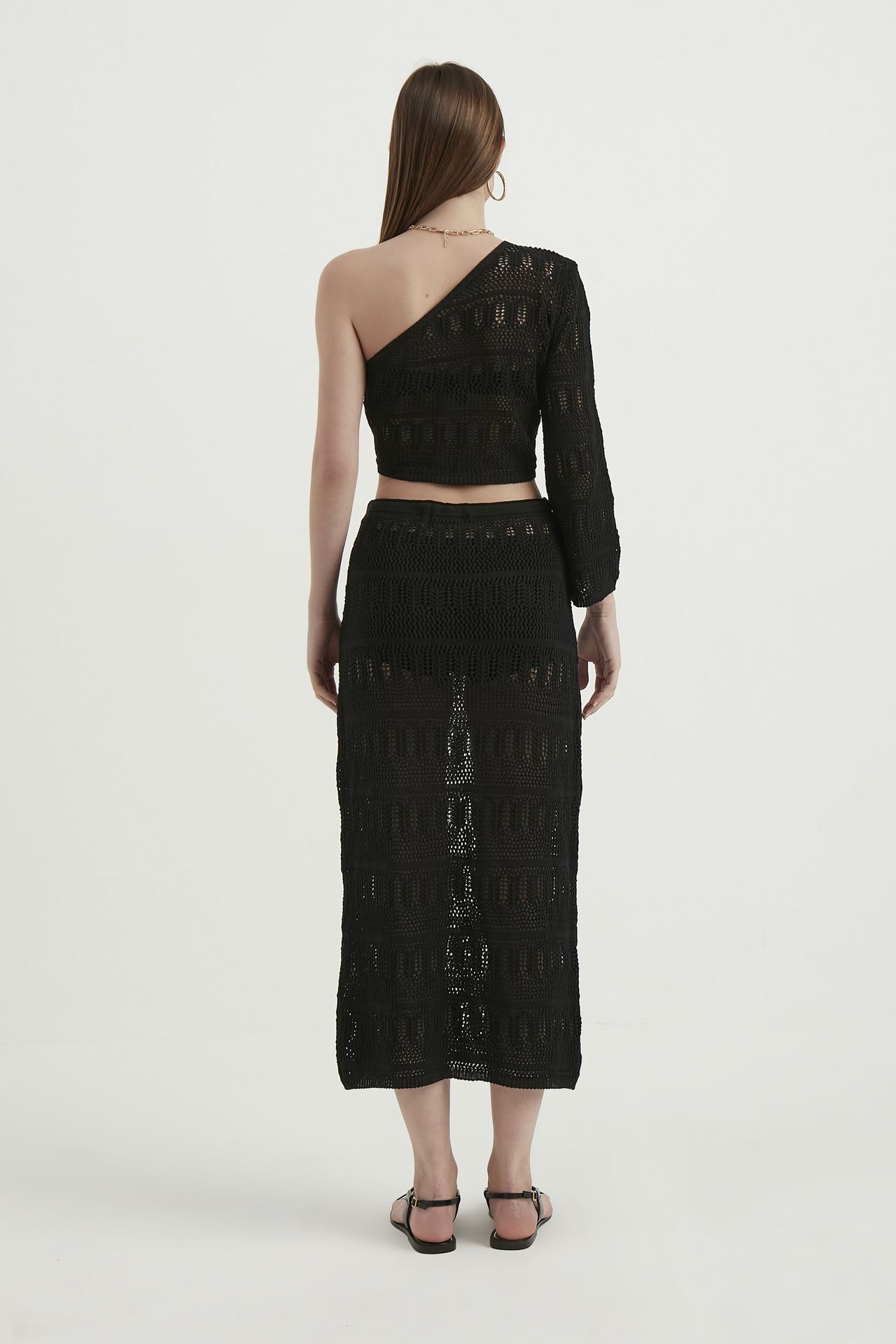 2 Pieces: One Shoulder Lace Crochet Crop Top & Lace Crochet High Waist Drawstring Midi Skirt