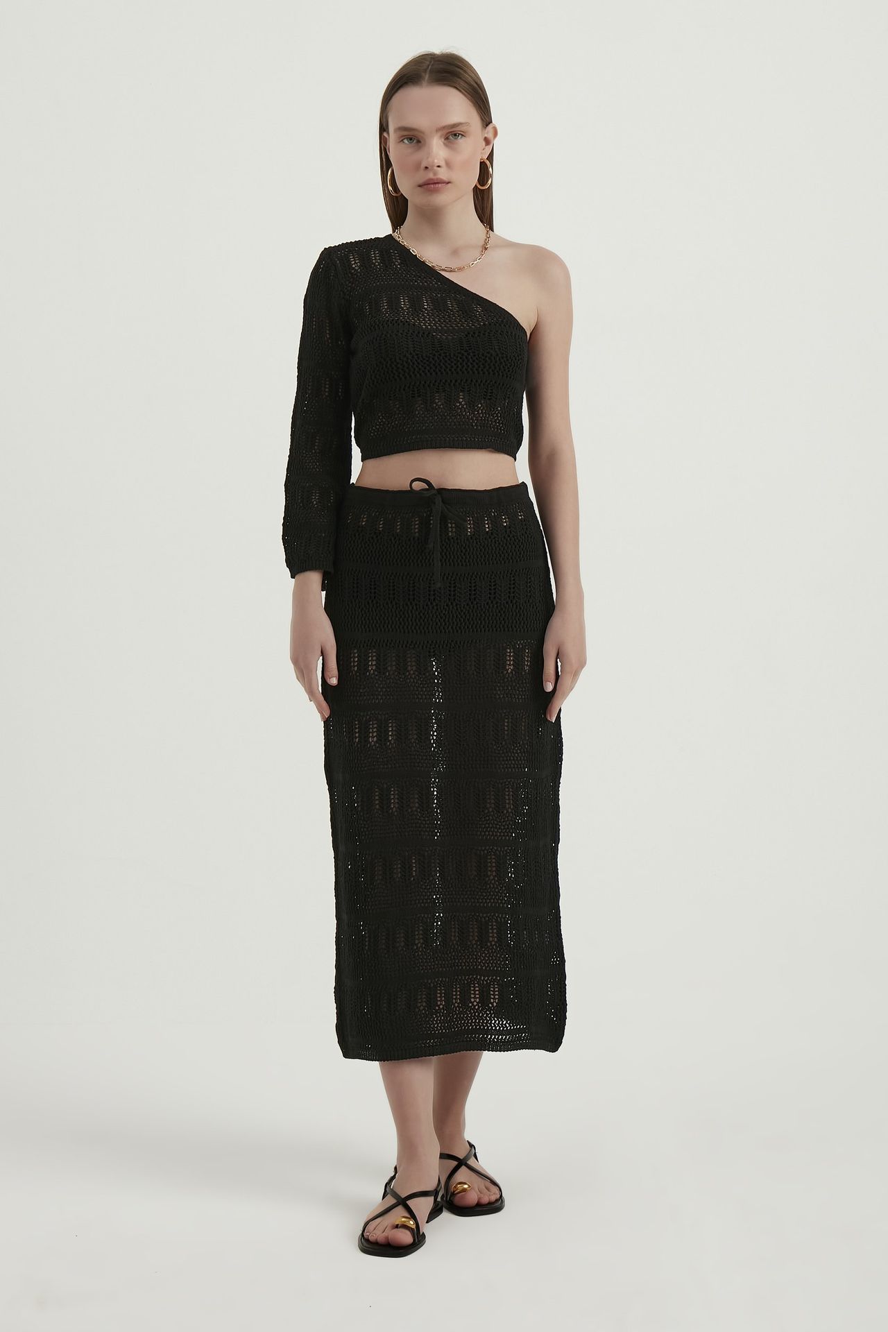 2 Pieces: One Shoulder Lace Crochet Crop Top & Lace Crochet High Waist Drawstring Midi Skirt