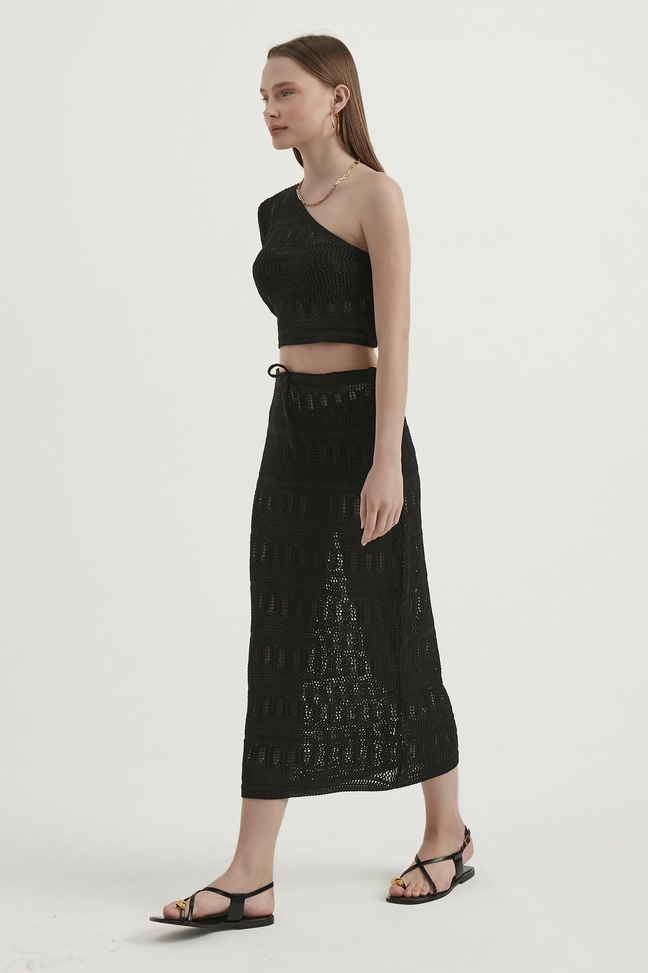 2 Pieces: One Shoulder Lace Crochet Crop Top & Lace Crochet High Waist Drawstring Midi Skirt