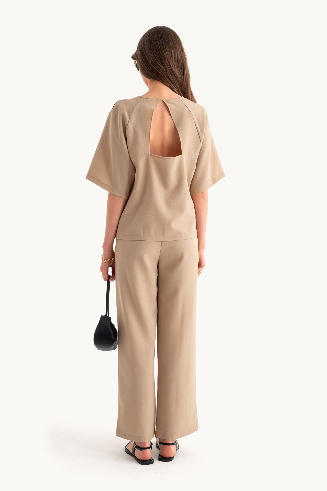 2 Pieces: Round Neck Woven Short Sleeve Oversized T-shirt & High Waist Loose fit Trousers