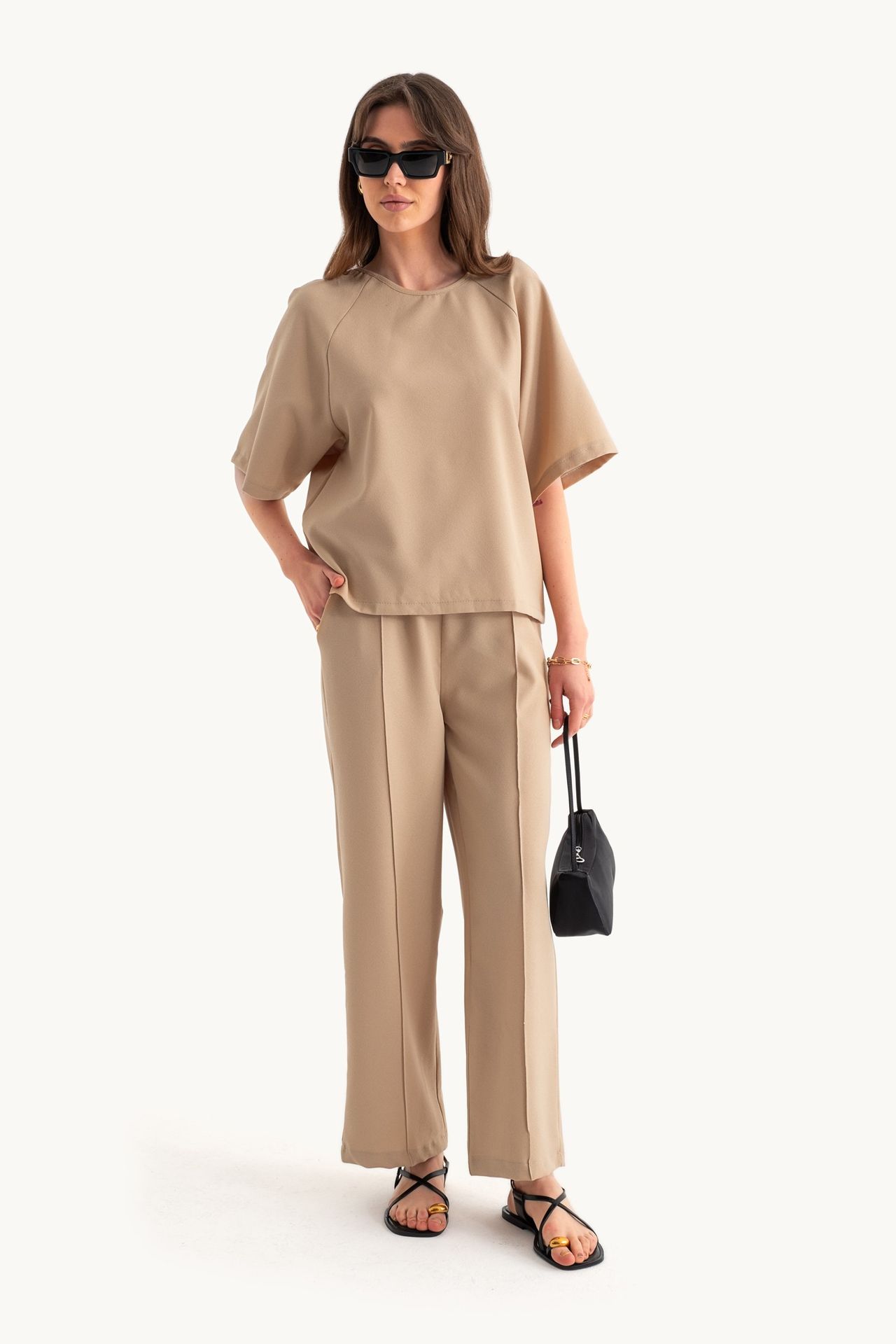 2 Pieces: Round Neck Woven Short Sleeve Oversized T-shirt & High Waist Loose fit Trousers