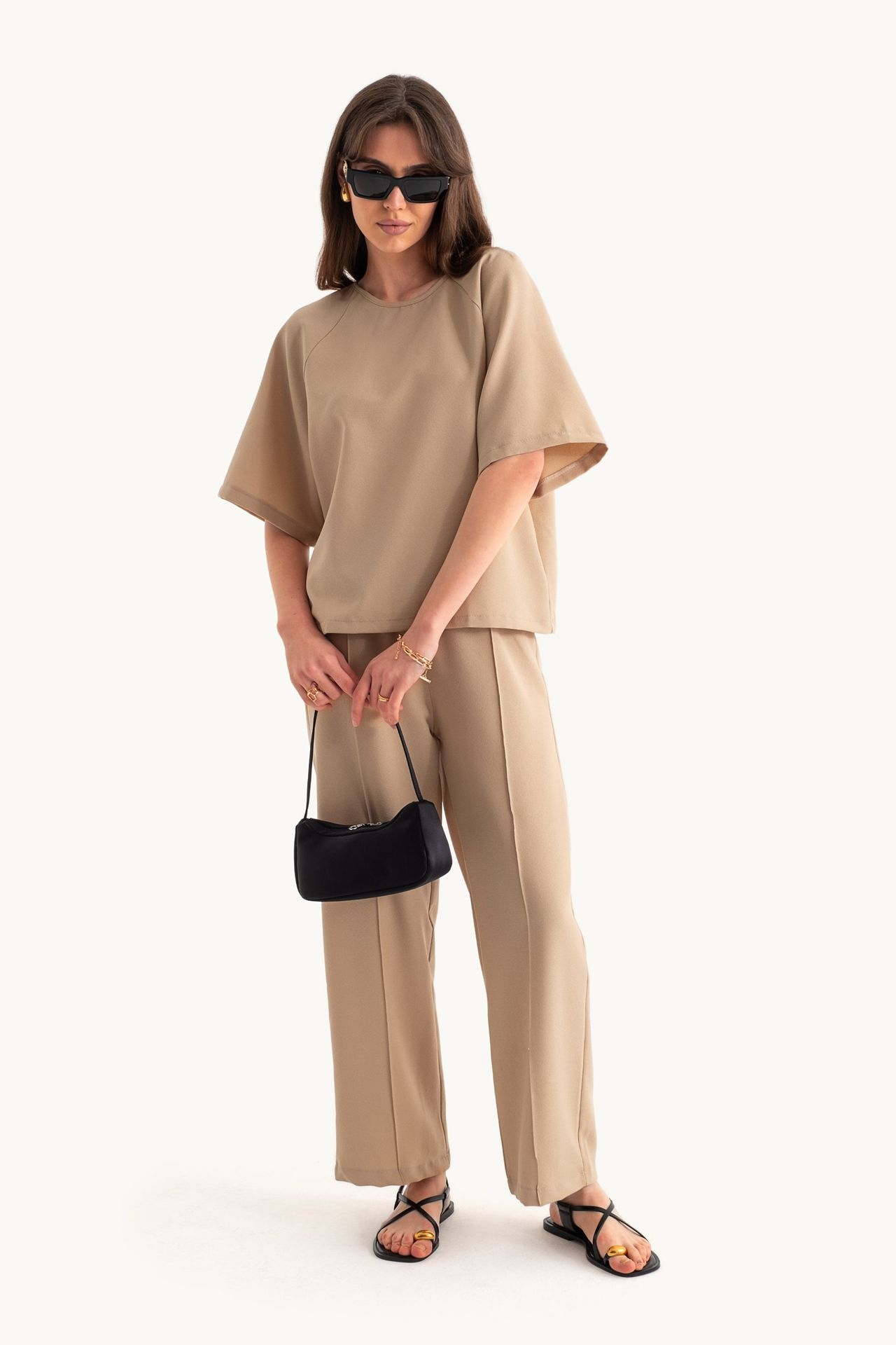 2 Pieces: Round Neck Woven Short Sleeve Oversized T-shirt & High Waist Loose fit Trousers
