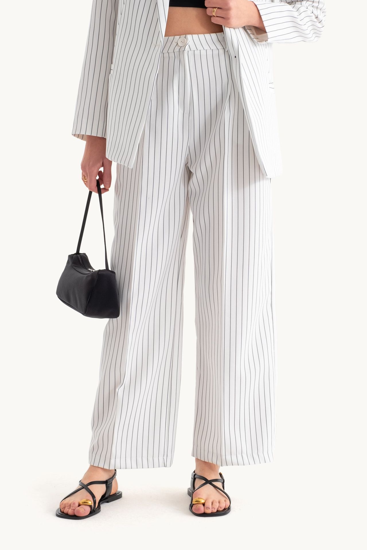 2 Pieces: Striped Collar Buttoned Blazer with a Flower Detail & Striped High Waist Straight Leg Trousers