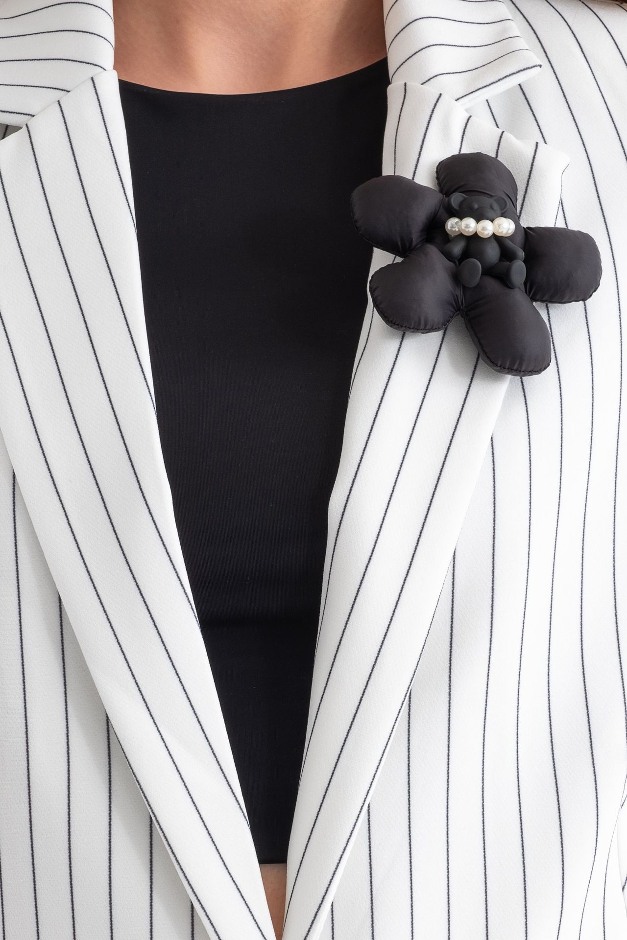 2 Pieces: Striped Collar Buttoned Blazer with a Flower Detail & Striped High Waist Straight Leg Trousers