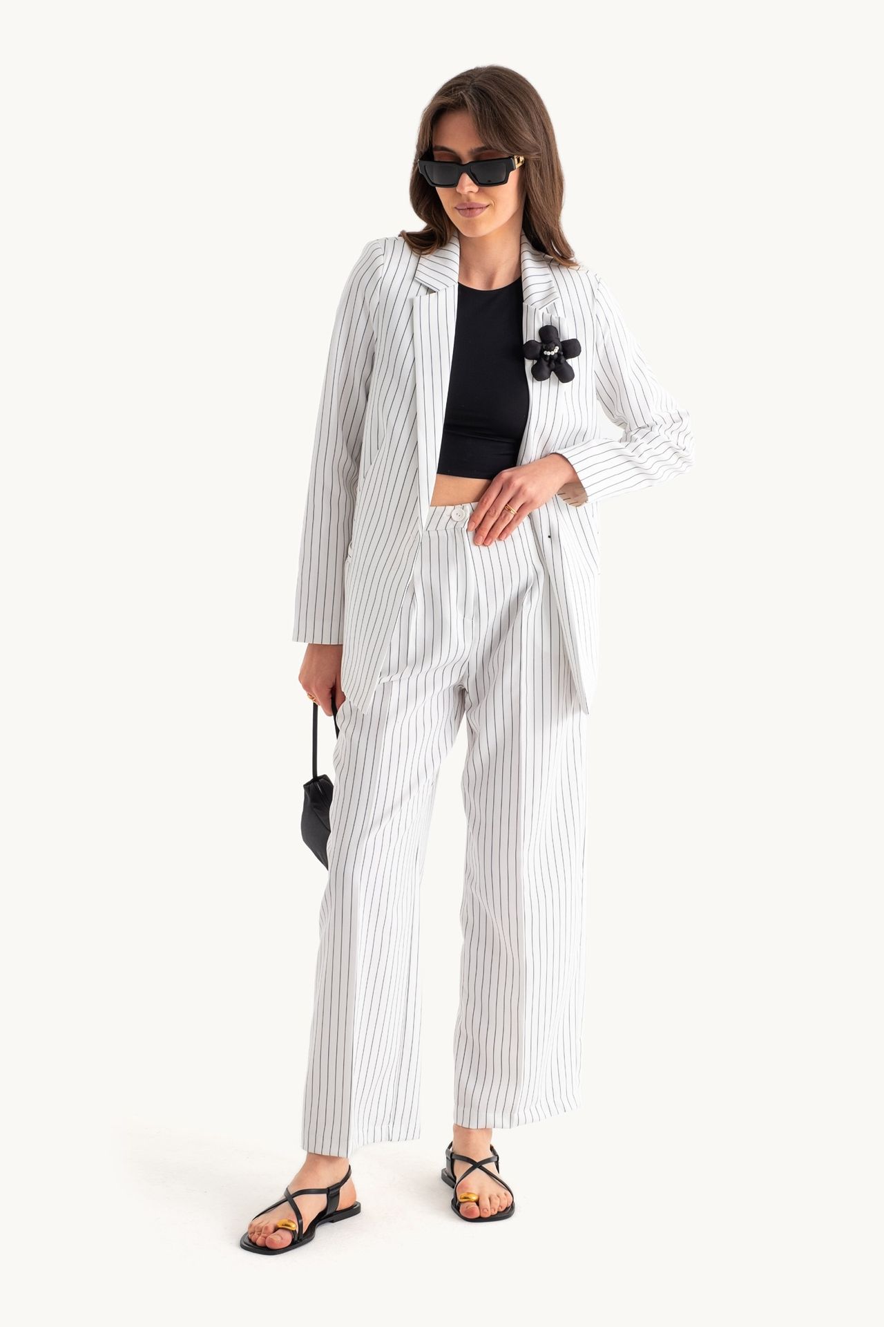 2 Pieces: Striped Collar Buttoned Blazer with a Flower Detail & Striped High Waist Straight Leg Trousers