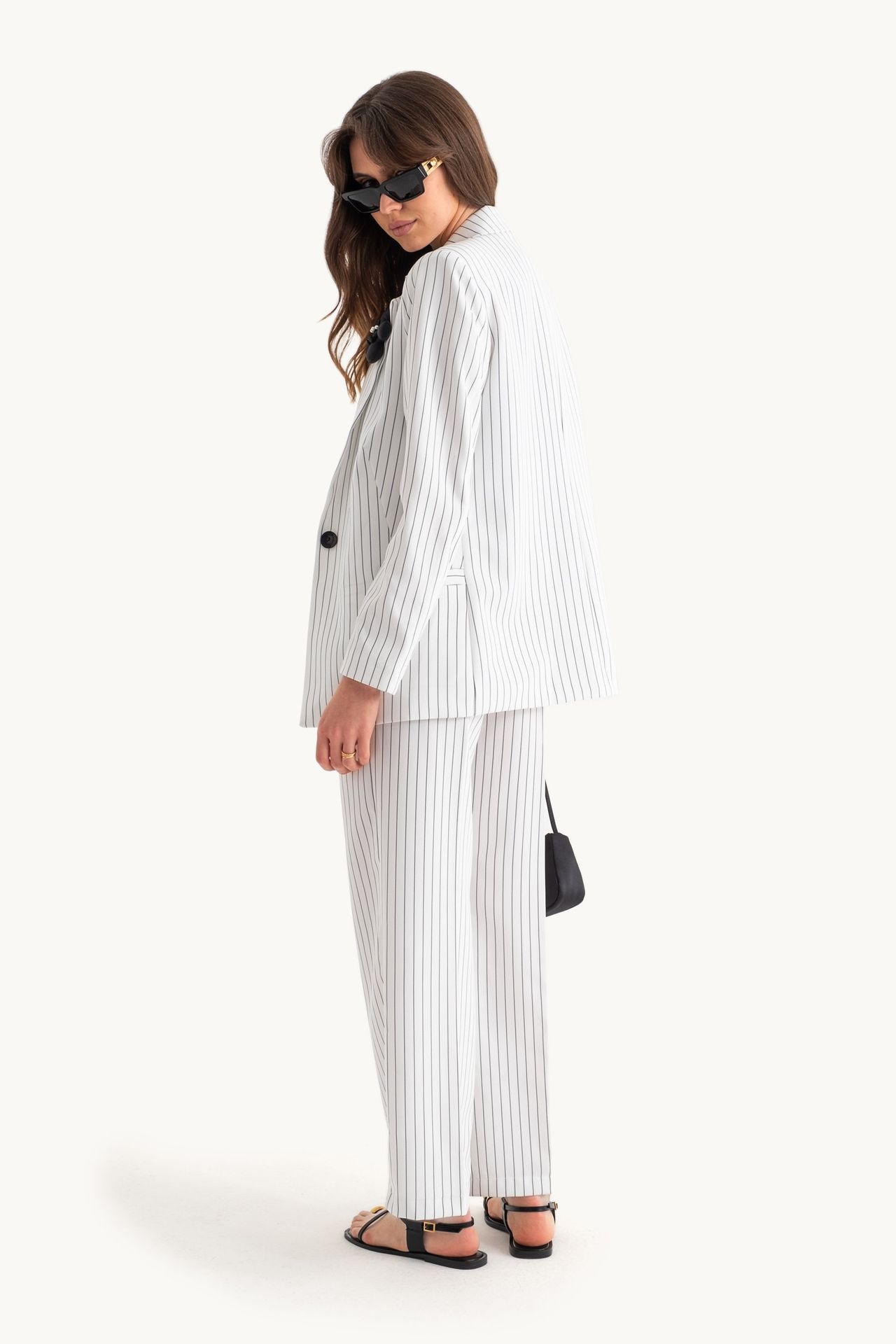 2 Pieces: Striped Collar Buttoned Blazer with a Flower Detail & Striped High Waist Straight Leg Trousers