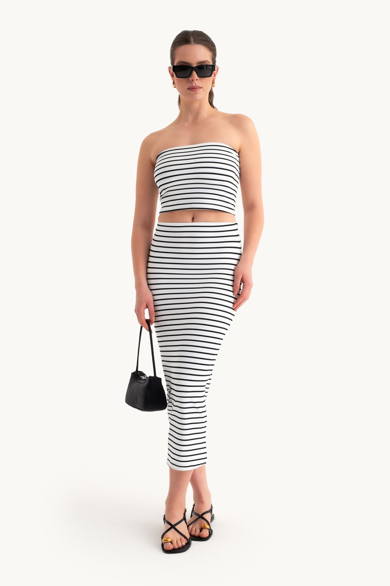2 Pieces: Striped Strapless Crop top & Striped Mid Rise Midi Skirt