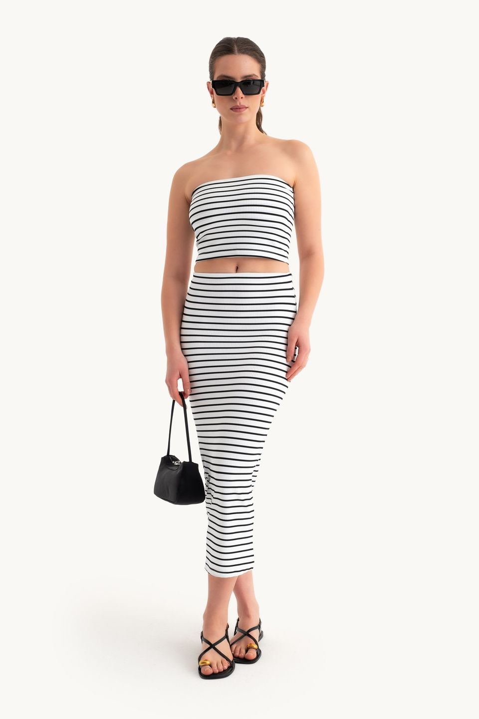 2 Pieces: Striped Strapless Crop top & Striped Mid Rise Midi Skirt