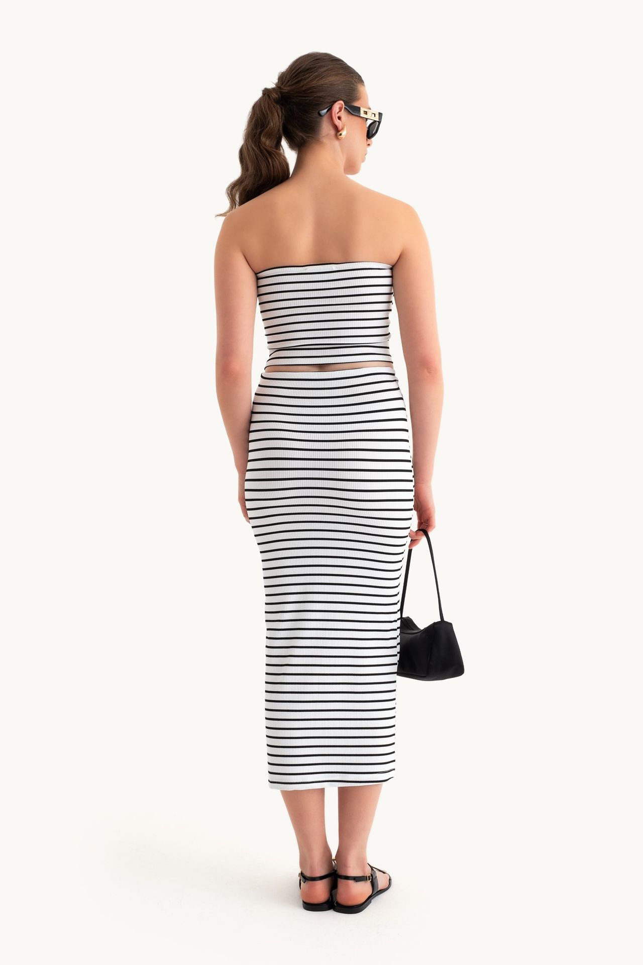 2 Pieces: Striped Strapless Crop top & Striped Mid Rise Midi Skirt