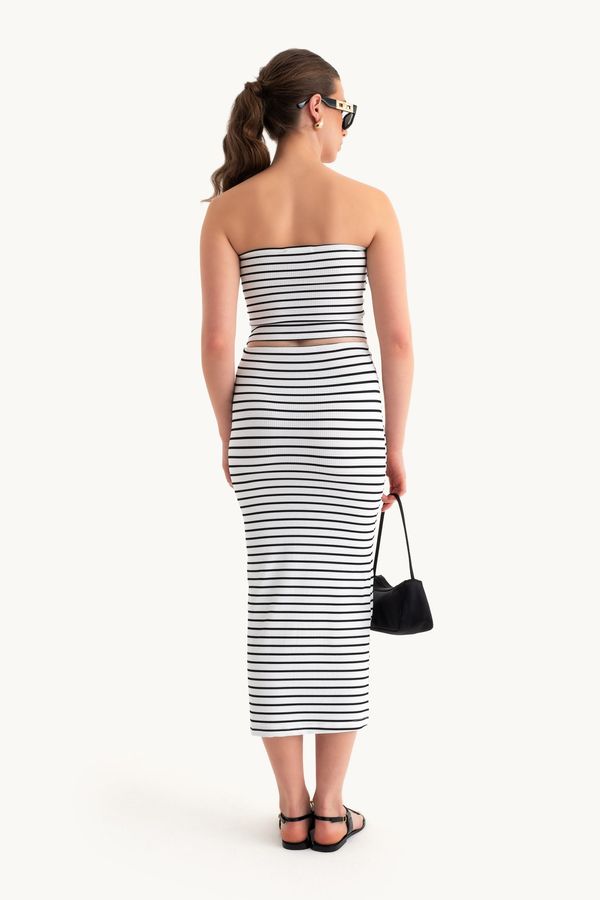 2 Pieces: Striped Strapless Crop top & Striped Mid Rise Midi Skirt 4