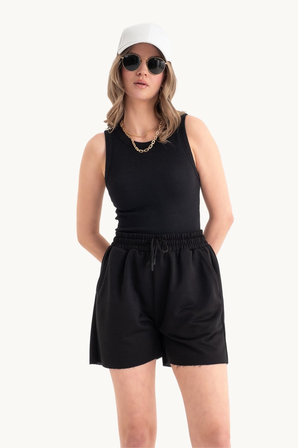 2 Pieces: Round Neck Basic Tank Top & Mid Rise Drawstring Shorts