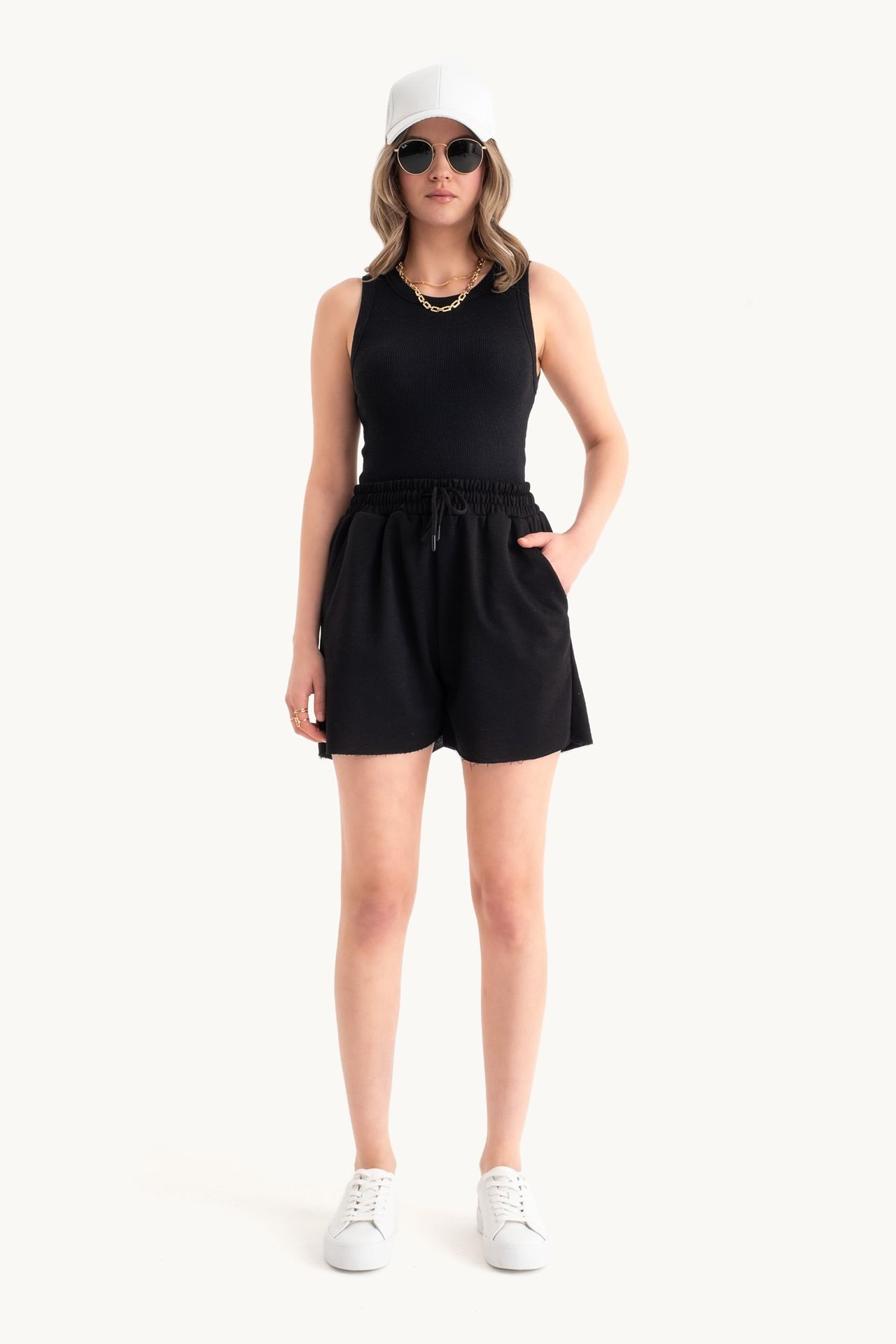 2 Pieces: Round Neck Basic Tank Top & Mid Rise Drawstring Shorts