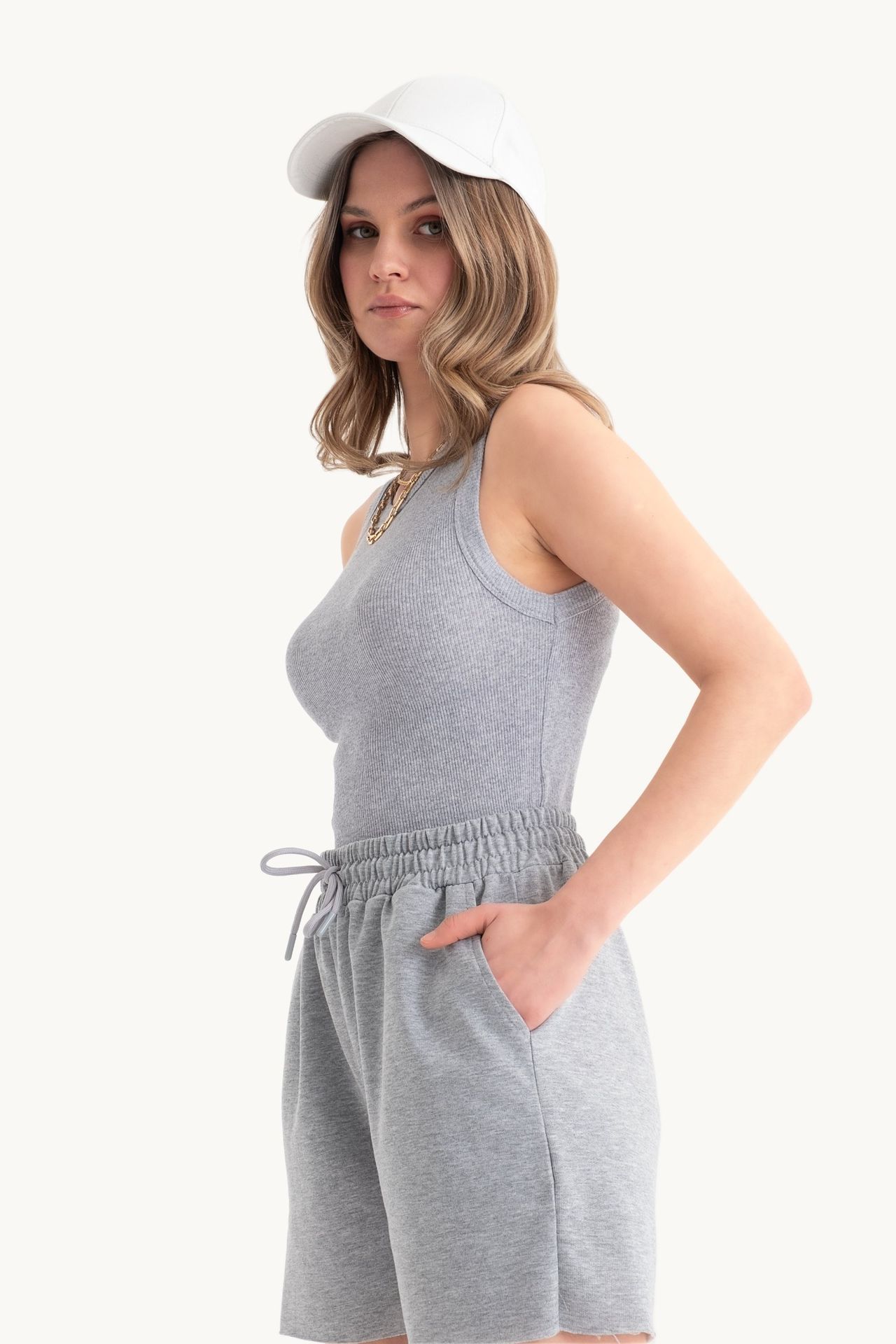 2 Pieces: Round Neck Basic Tank Top & Mid Rise Drawstring Shorts