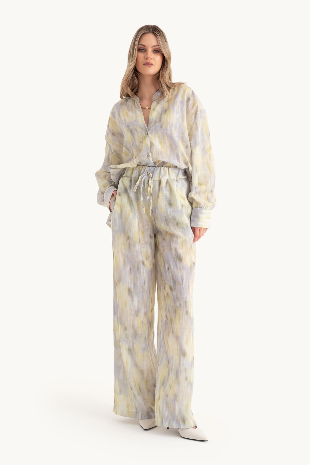 2 Pieces: Abstract V Neck Relaxed Shirt & Abstract High Waist Drawstring Relaxed Fit Trousers