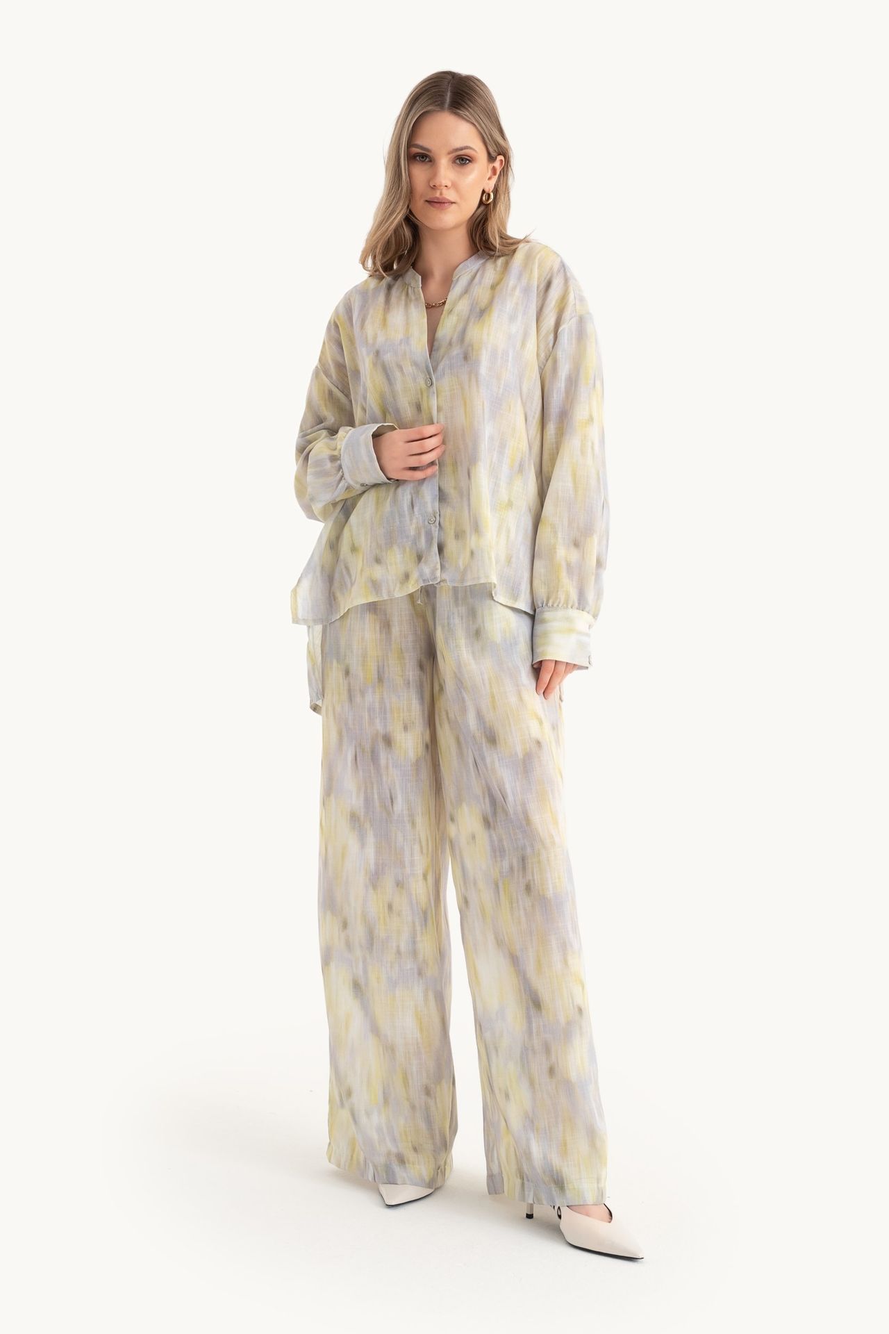 2 Pieces: Abstract V Neck Relaxed Shirt & Abstract High Waist Drawstring Relaxed Fit Trousers