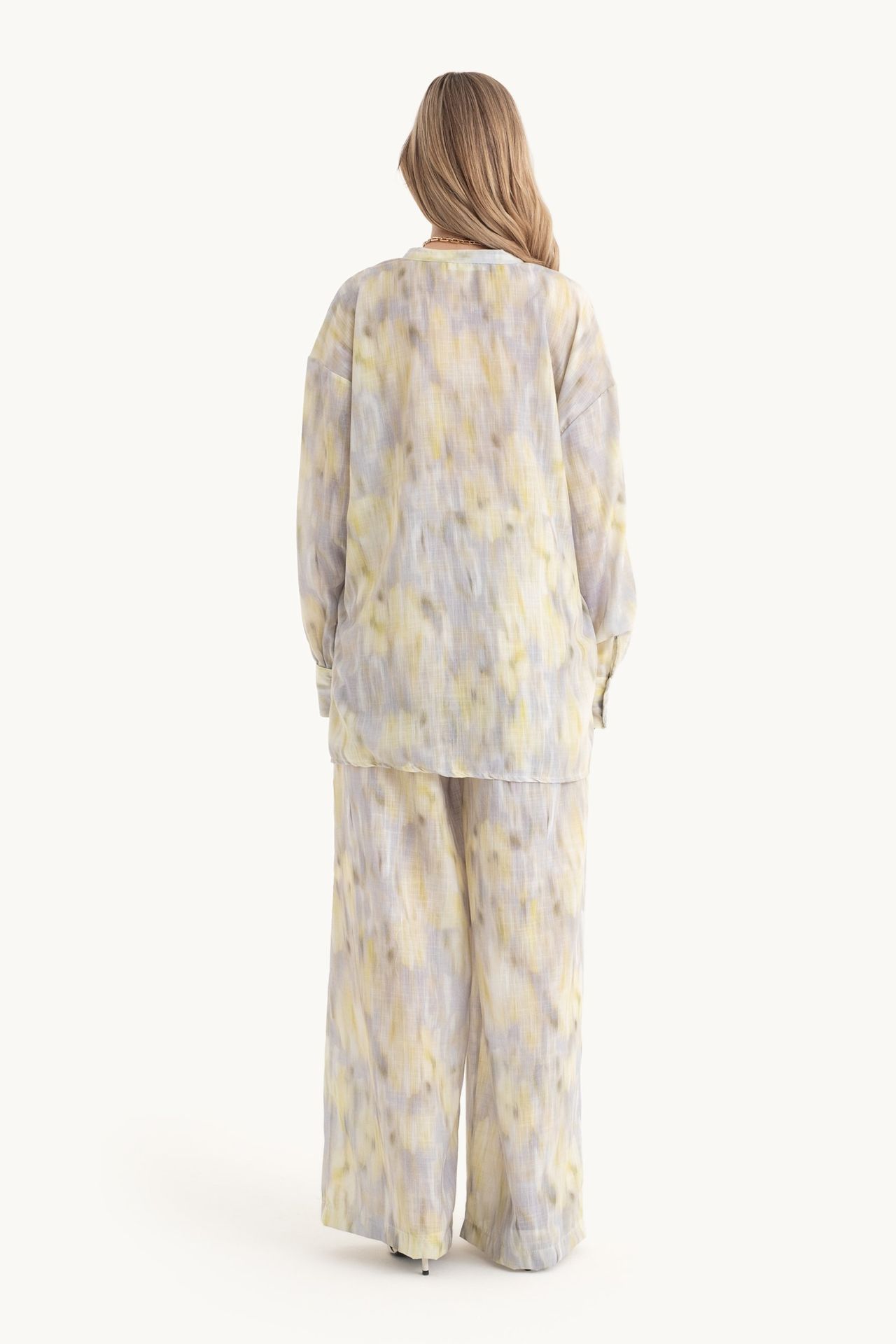 2 Pieces: Abstract V Neck Relaxed Shirt & Abstract High Waist Drawstring Relaxed Fit Trousers