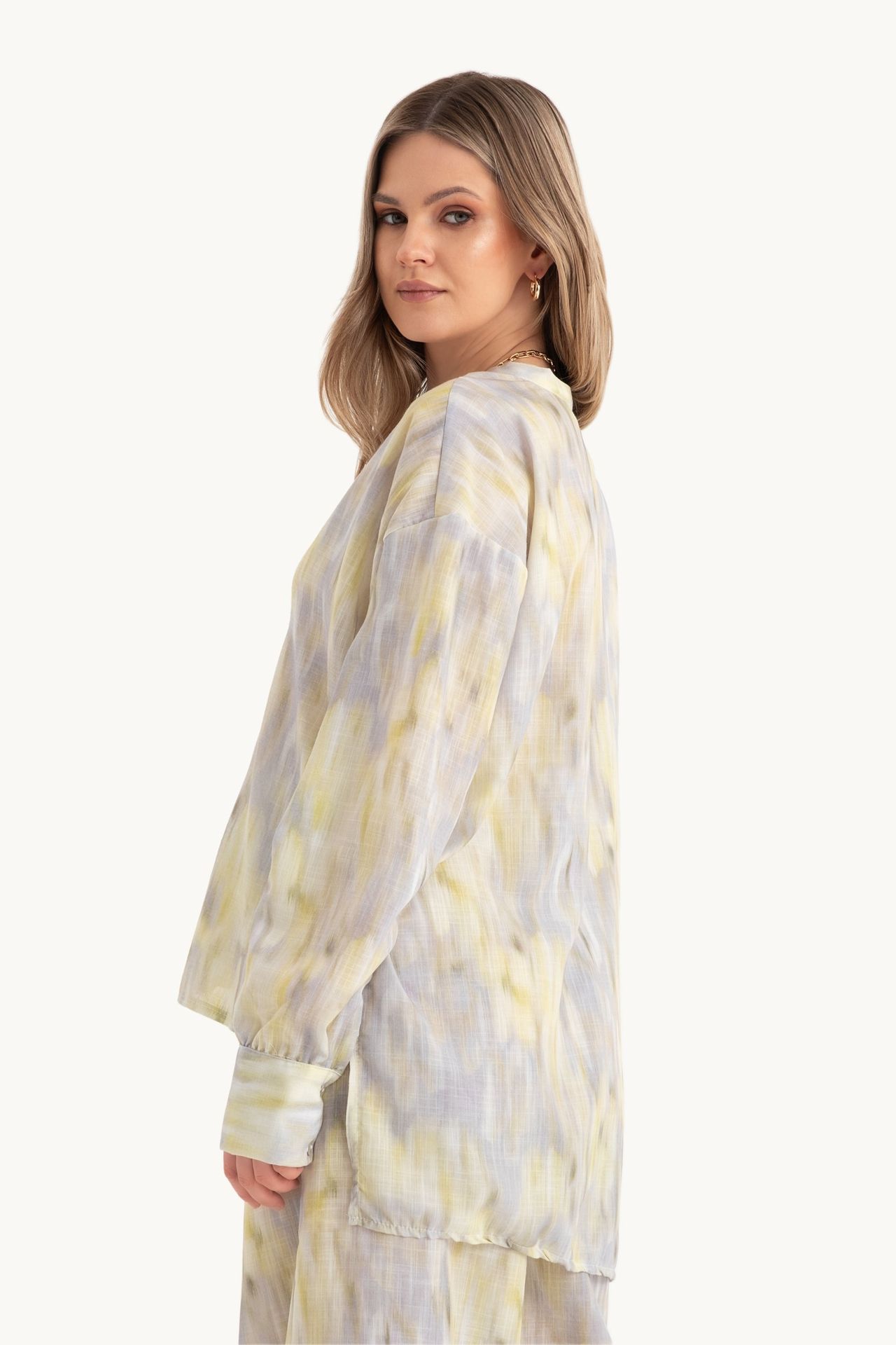 2 Pieces: Abstract V Neck Relaxed Shirt & Abstract High Waist Drawstring Relaxed Fit Trousers