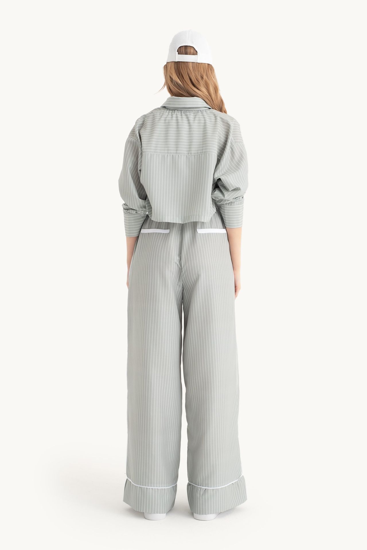 2 Pieces: Striped Pocket Cropped Shirt & Striped High Waist Drawstring Super Wide Leg Trousers
