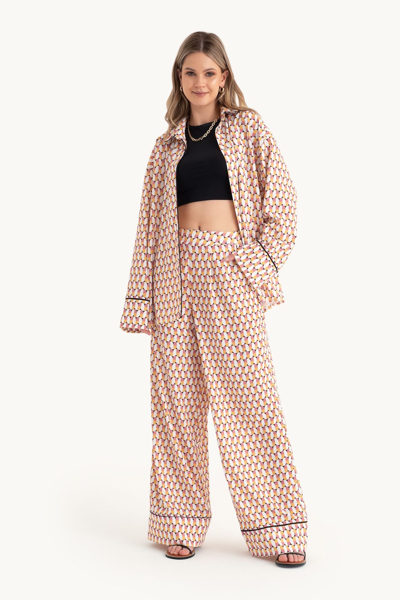 2 Pieces: Geometric Oversized Shirt & Geometric High Waist Super Wide Leg Trousers