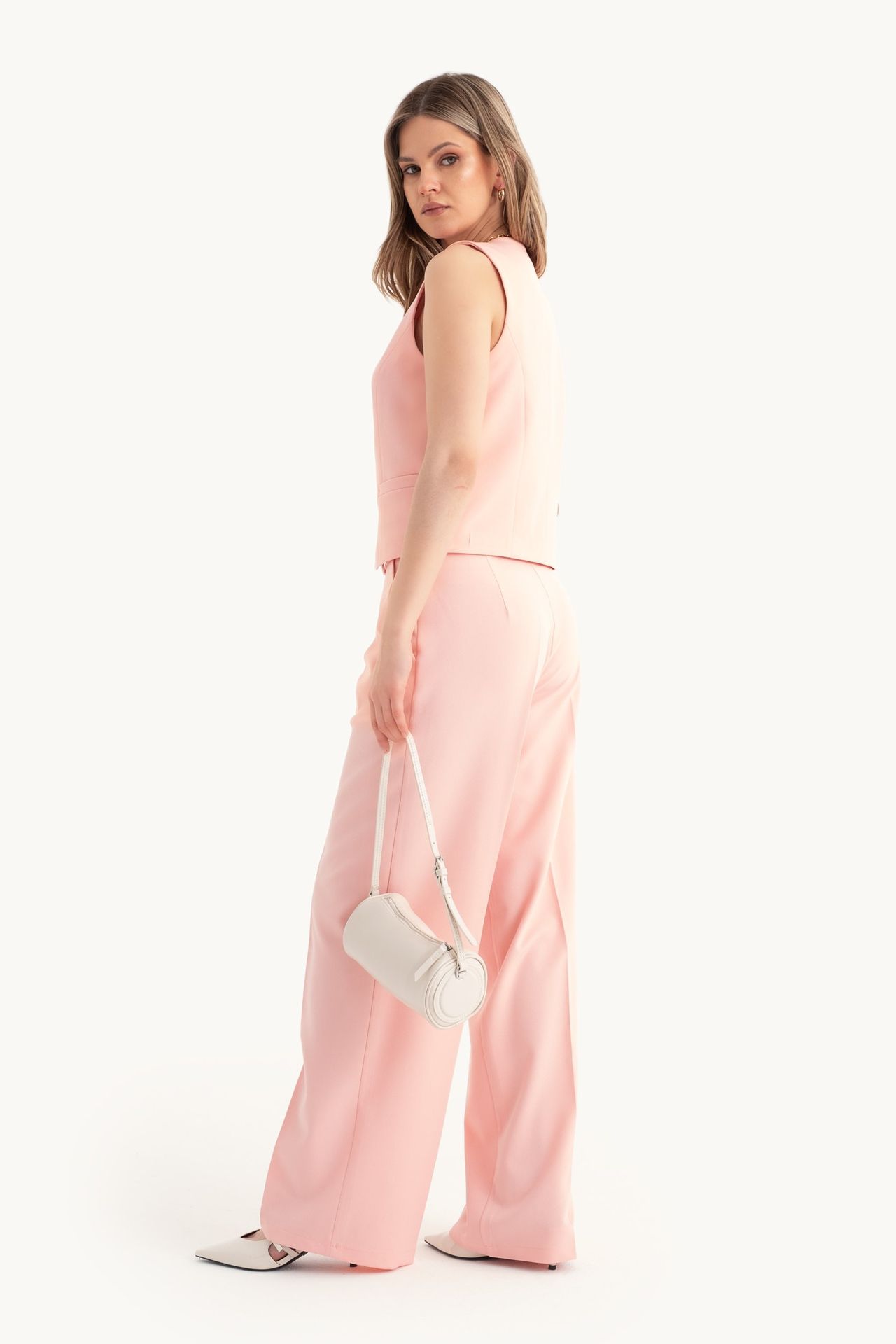 2 Pieces: Buttoned Waistcoat with a Pocket & High Waist Straight Leg Trousers