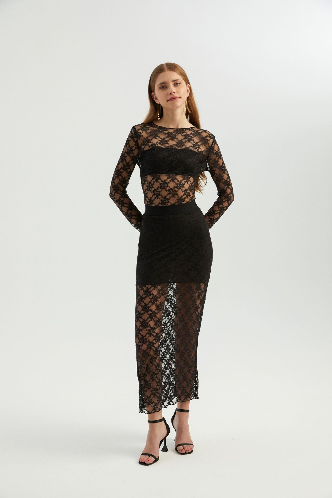 2 Pieces: Floral Round Neck Lace Mesh Long Sleeve Top & Lace Floral High Waist Maxi Skirt