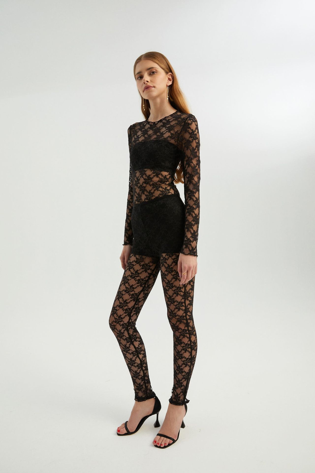 2 Pieces: Floral Round Neck Lace Mesh Long Sleeve Top & Lace Floral High Waist Leggings