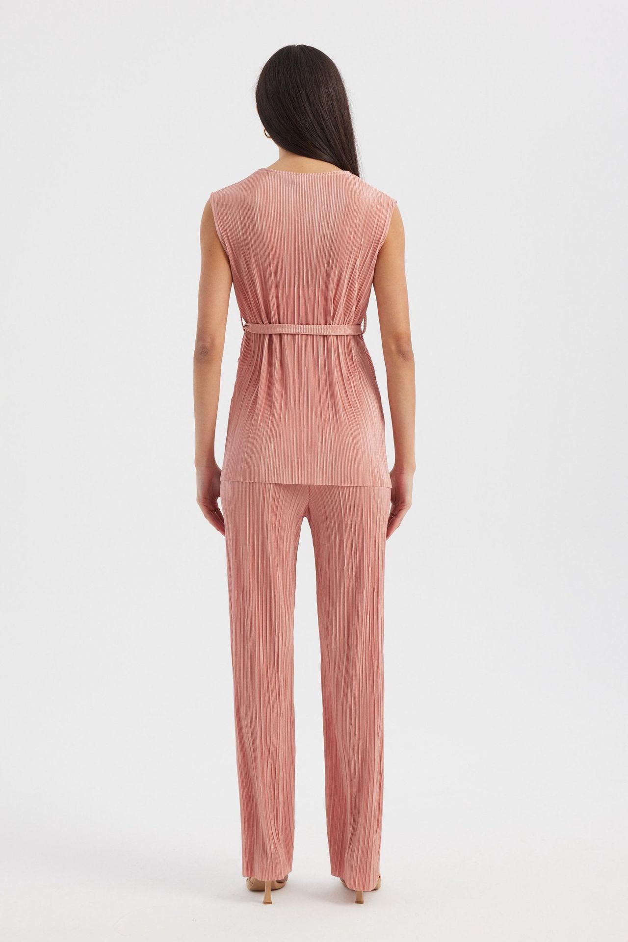 2 Pieces: V Neck Pleated Sleeveless Blouse with a Belt Detail & High Waist Pleated Palazzo Trousers