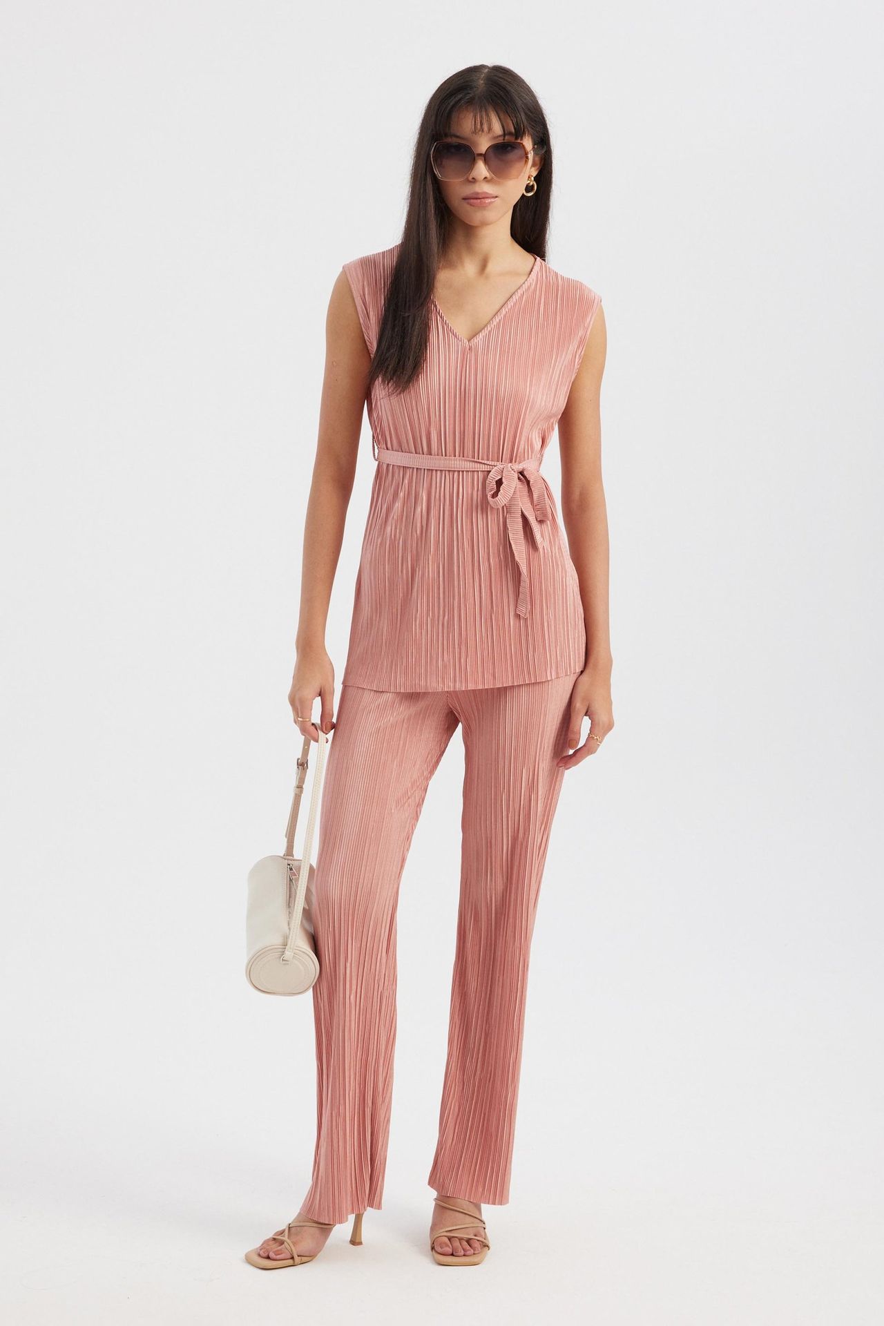 2 Pieces: V Neck Pleated Sleeveless Blouse with a Belt Detail & High Waist Pleated Palazzo Trousers