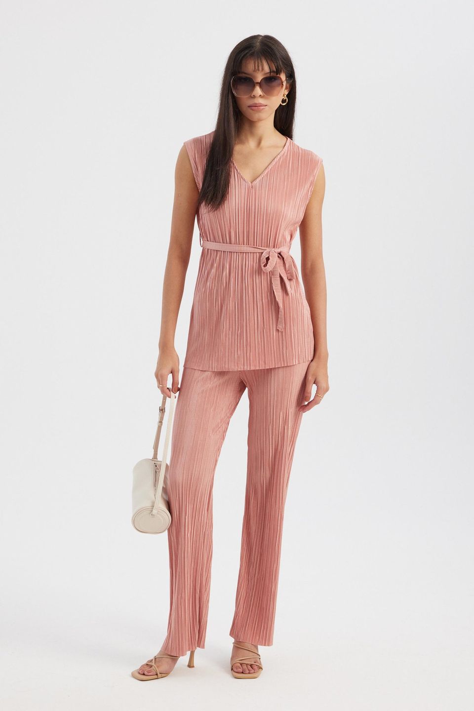2 Pieces: V Neck Pleated Sleeveless Blouse with a Belt Detail & High Waist Pleated Palazzo Trousers