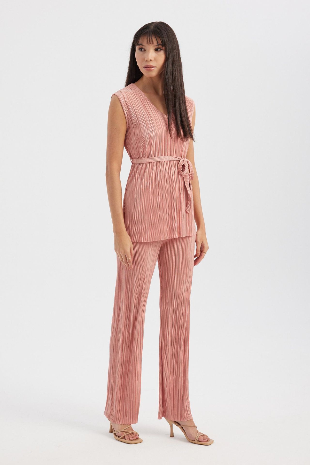 2 Pieces: V Neck Pleated Sleeveless Blouse with a Belt Detail & High Waist Pleated Palazzo Trousers