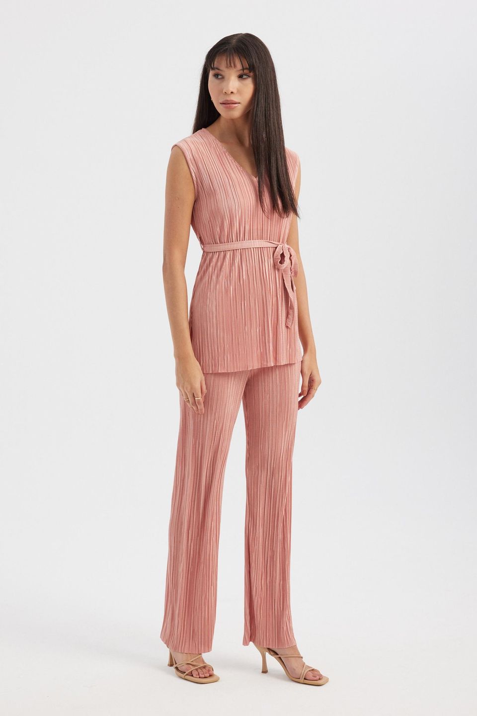 2 Pieces: V Neck Pleated Sleeveless Blouse with a Belt Detail & High Waist Pleated Palazzo Trousers