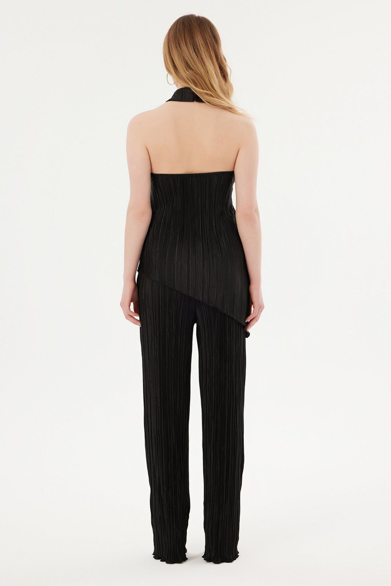 2 Pieces: High Neck Halter Pleated Asymmetrical Blouse & High Waist Pleated Palazzo Trousers