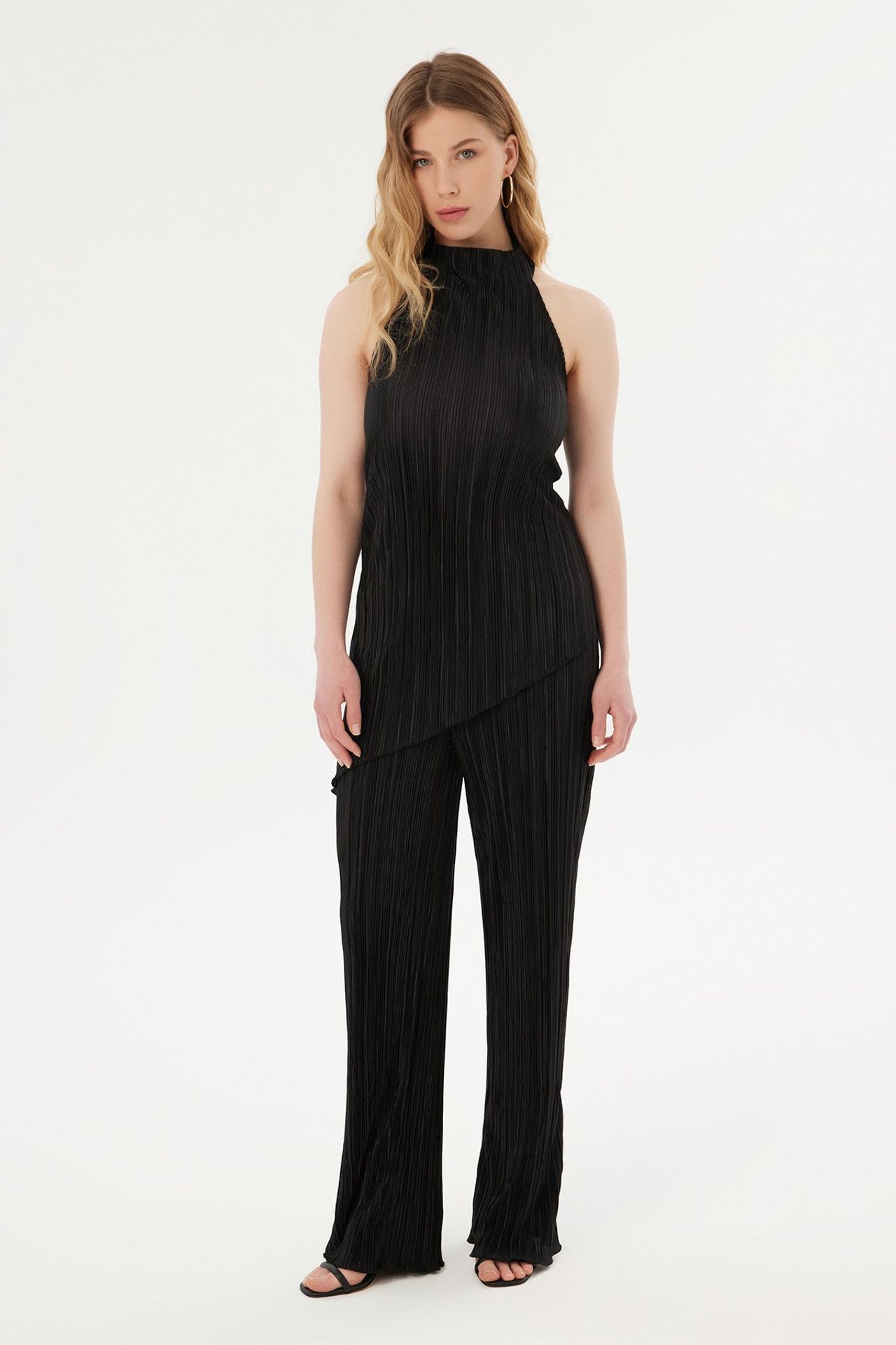 2 Pieces: High Neck Halter Pleated Asymmetrical Blouse & High Waist Pleated Palazzo Trousers