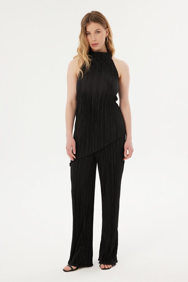 High Neck Halter Pleated Blouse & Palazzo Trousers Coord 1