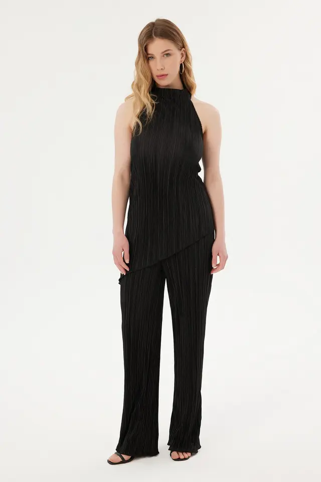High Neck Halter Pleated Blouse & Palazzo Trousers Coord