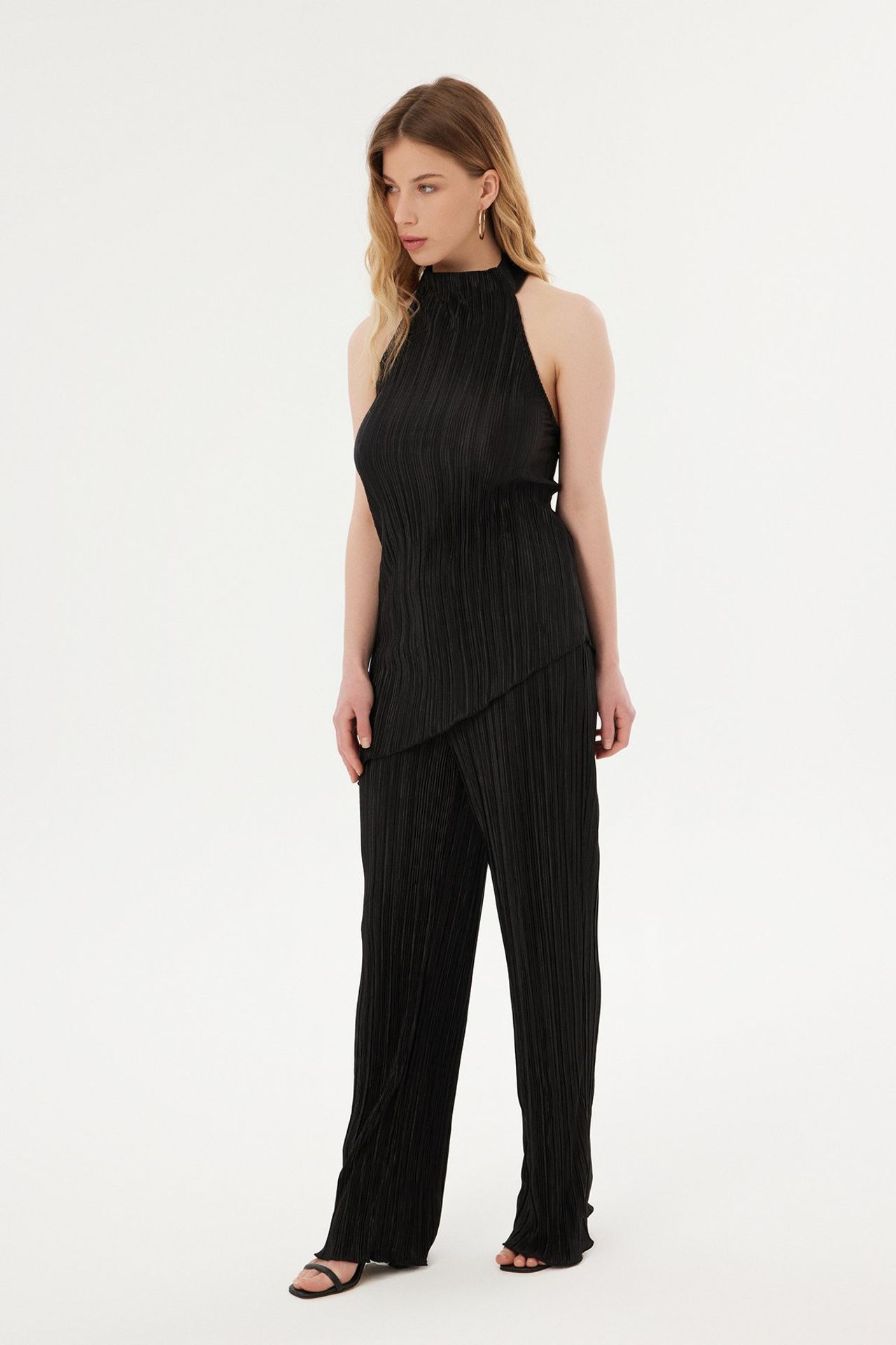 2 Pieces: High Neck Halter Pleated Asymmetrical Blouse & High Waist Pleated Palazzo Trousers