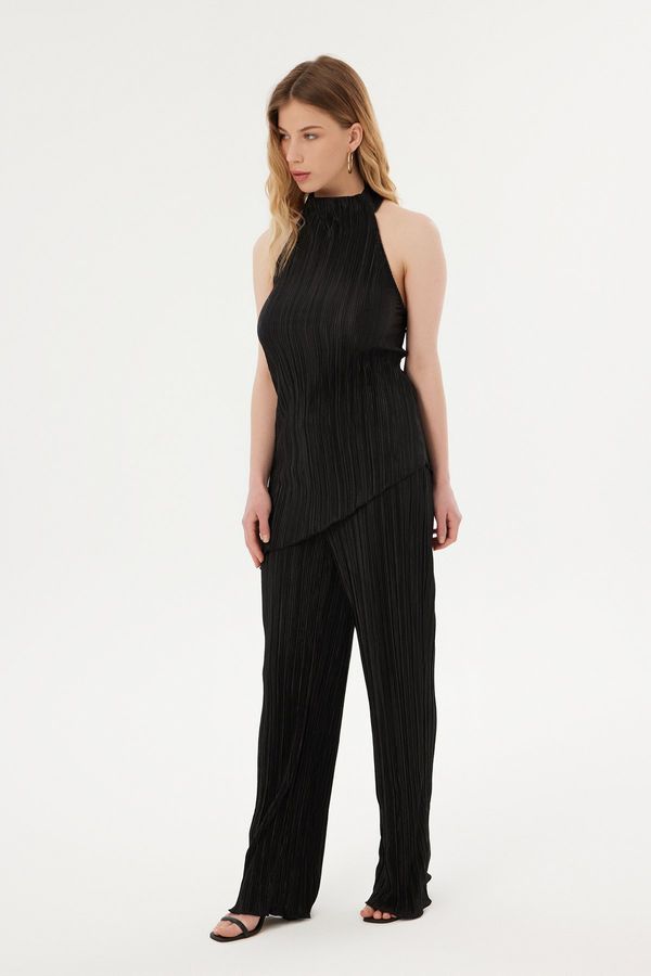 High Neck Halter Pleated Blouse & Palazzo Trousers Coord 2