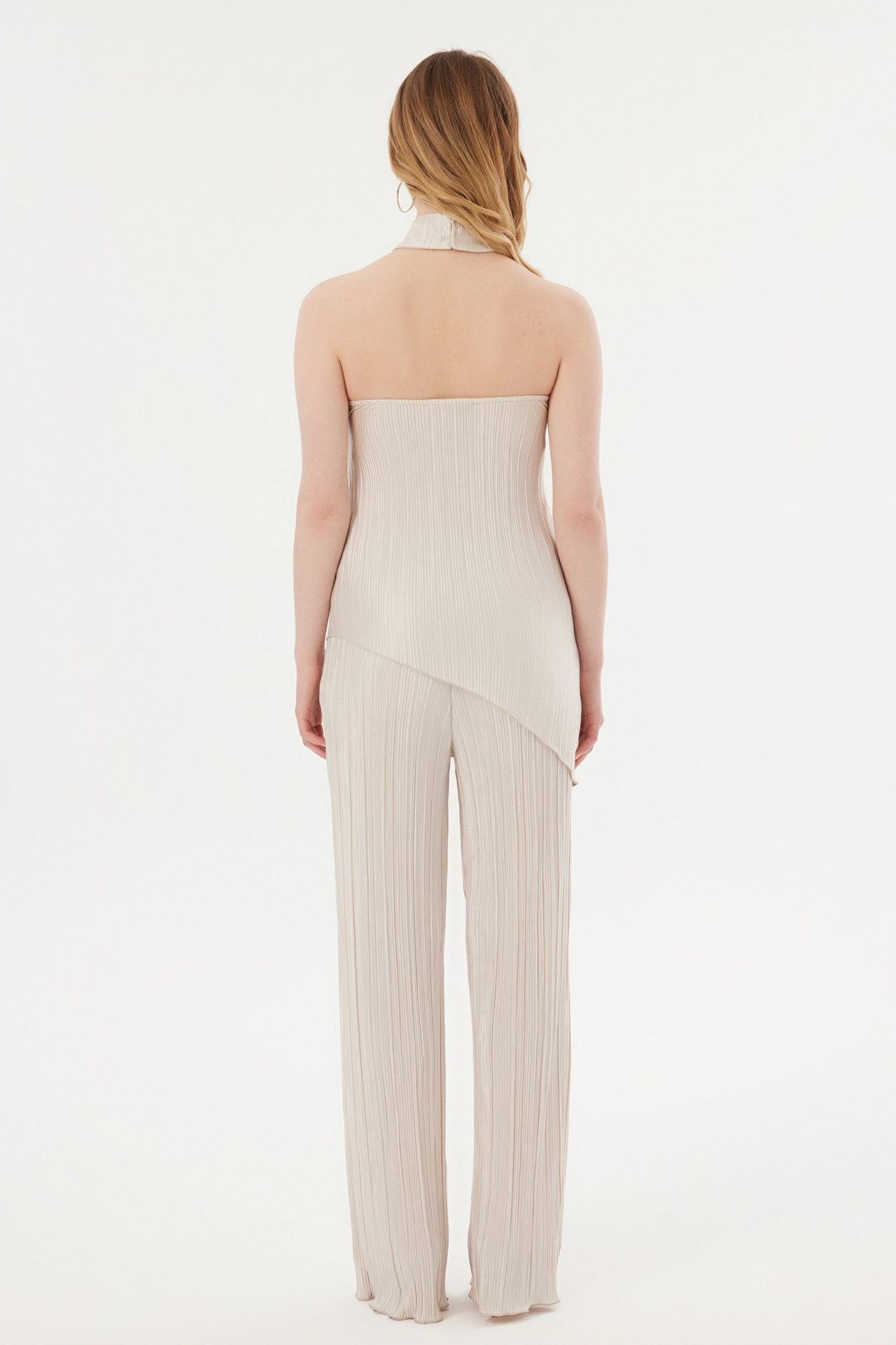 High Neck Halter Pleated Blouse & Palazzo Trousers Coord