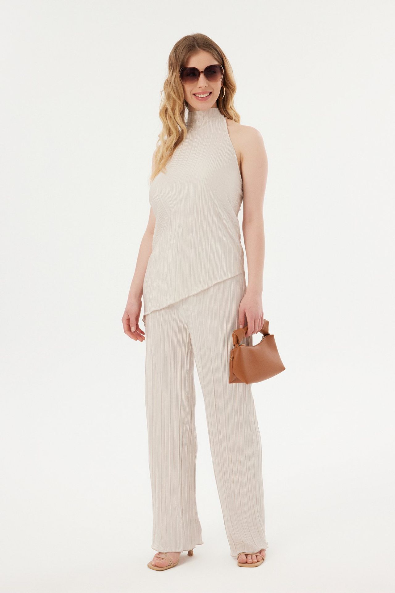 High Neck Halter Pleated Blouse & Palazzo Trousers Coord